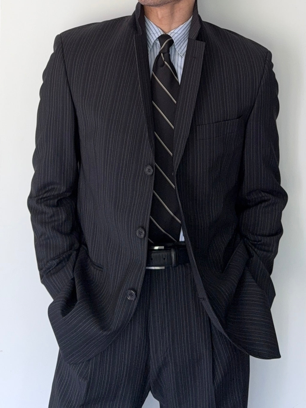 Hugo Boss 1990s 'Sigma' Striped Pleated Wool Suit Made in USA - Size M Jacket / 32" Waist