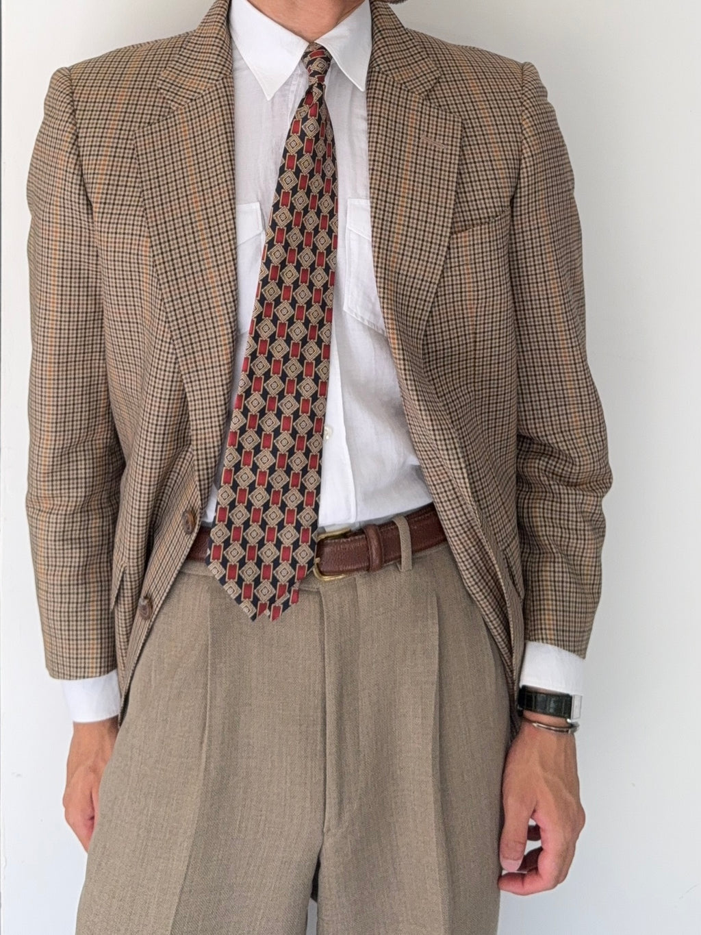 Burberry 1990s 2B Wool Multi-Pattern Tan Sports Jacket Blazer - Size S