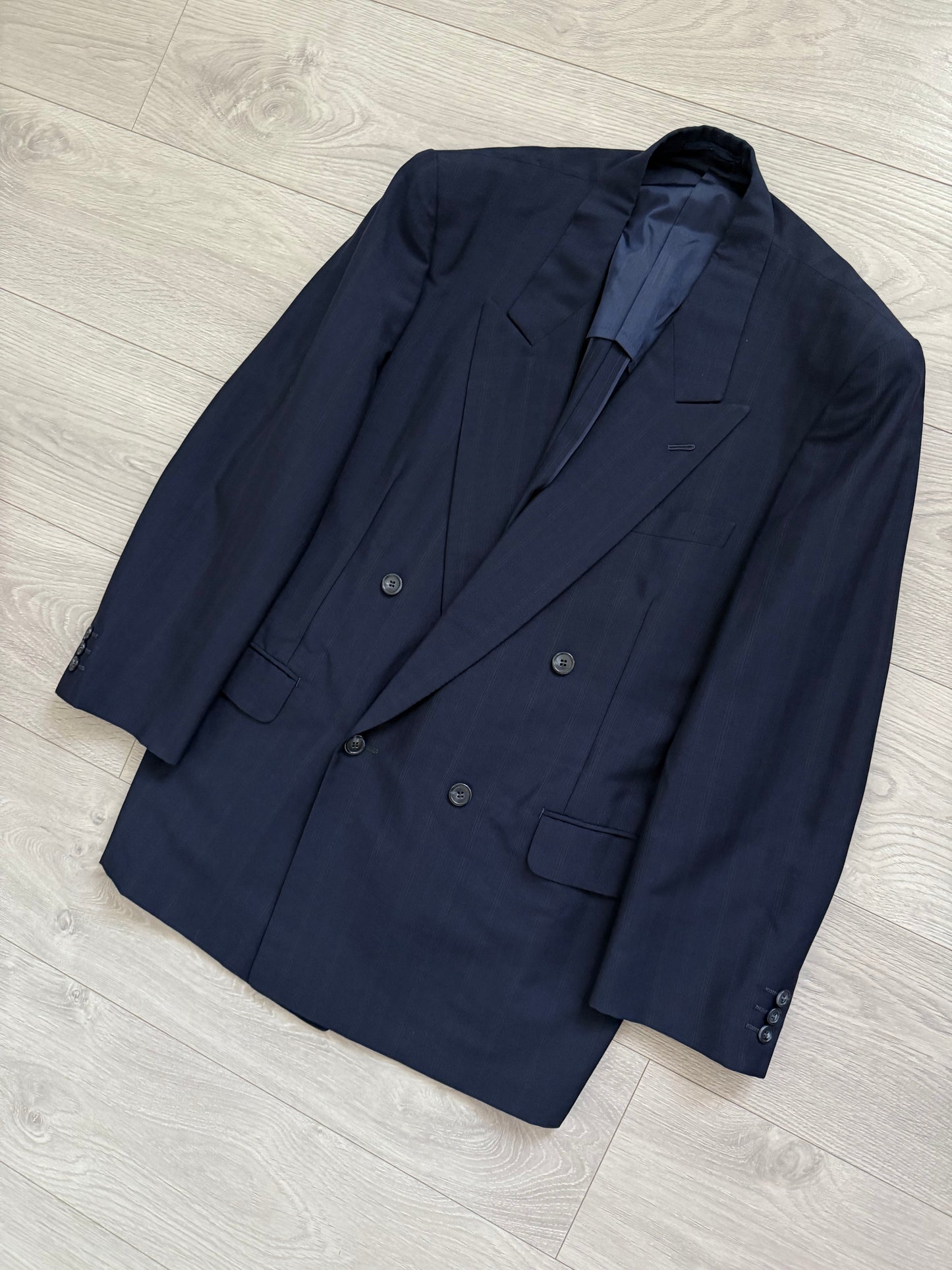 Yves Saint Laurent 1990s Double-Breasted Pleated Striped Blue Wool Suit - Size L Jacket / 32" Waist