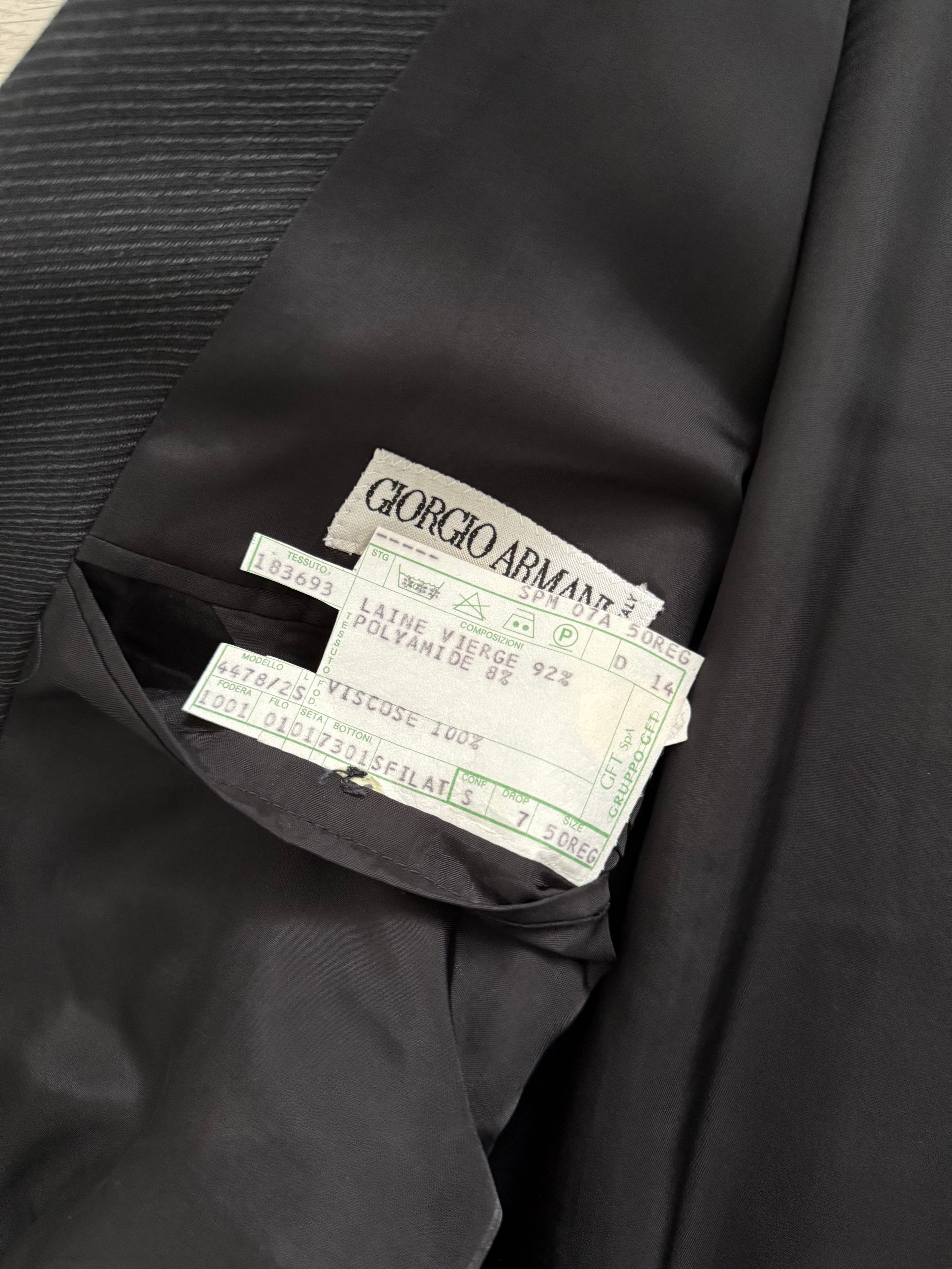 Giorgio Armani 1980s Double Breasted Pleated Wool Suit Charcoal Grey New - Size L Jacket / 32" Waist