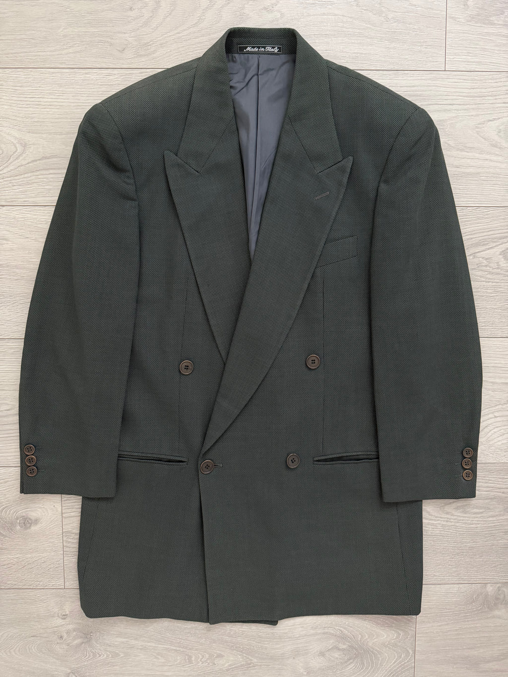 Giorgio Armani 1980s Peaked Lapel Double Breasted Pleated Textured Wool Suit Green - Size S Jacket / 30" Waist
