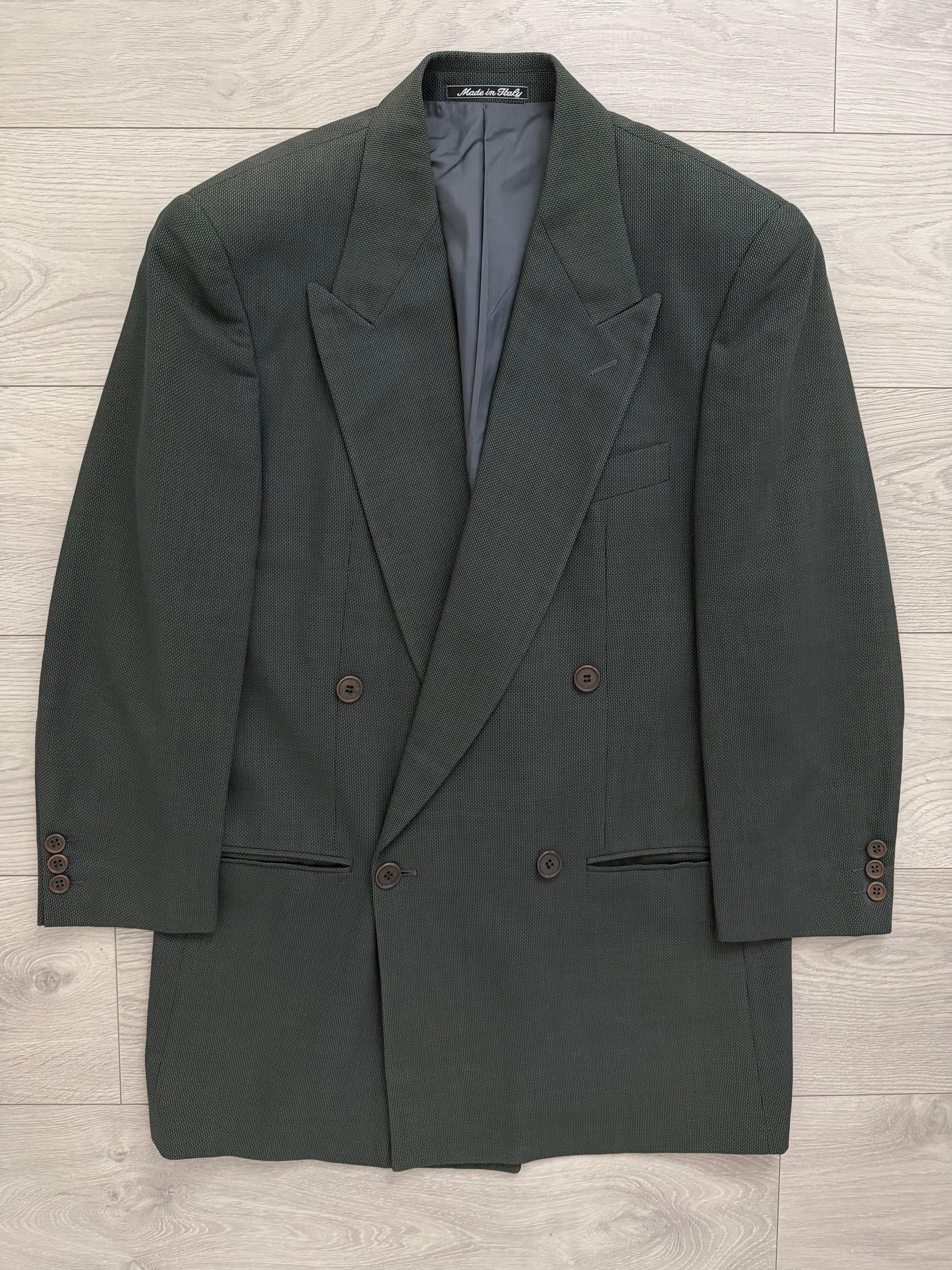 Giorgio Armani 1980s Peaked Lapel Double Breasted Pleated Textured Wool Suit Green - Size S Jacket / 30" Waist