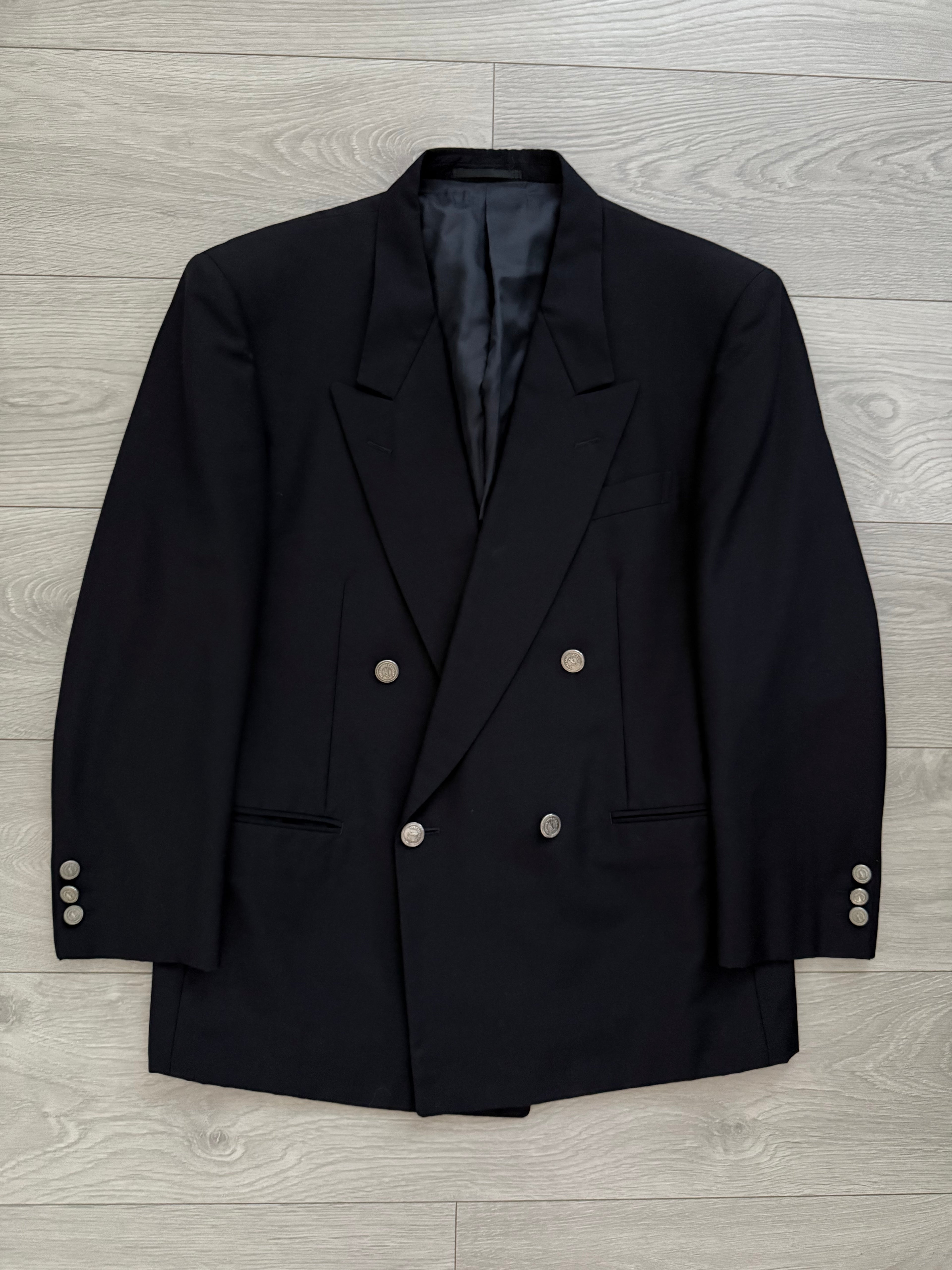 Yves Saint Laurent 1980s Metal Button Double Breasted Peaked Lapel Wool Blazer Jacket Navy - Size S