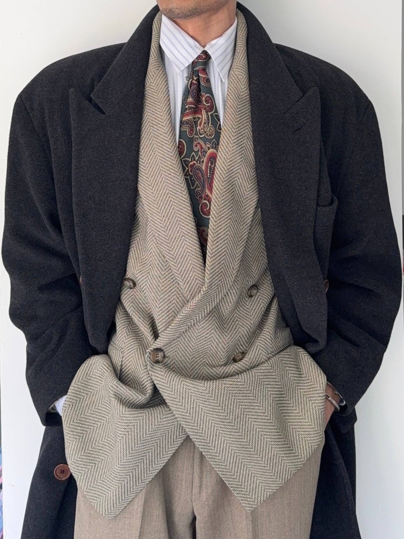 Hugo Boss 1980s 'Facel Vega' Double-Breasted Peaked Lapel Long Wool Coat - Size L