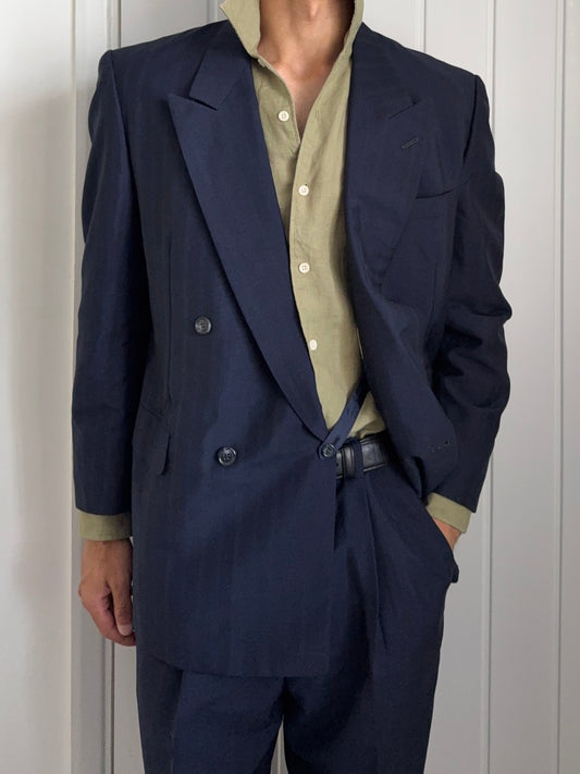 Yves Saint Laurent 1990s Double-Breasted Pleated Striped Blue Wool Suit - Size L Jacket / 32" Waist
