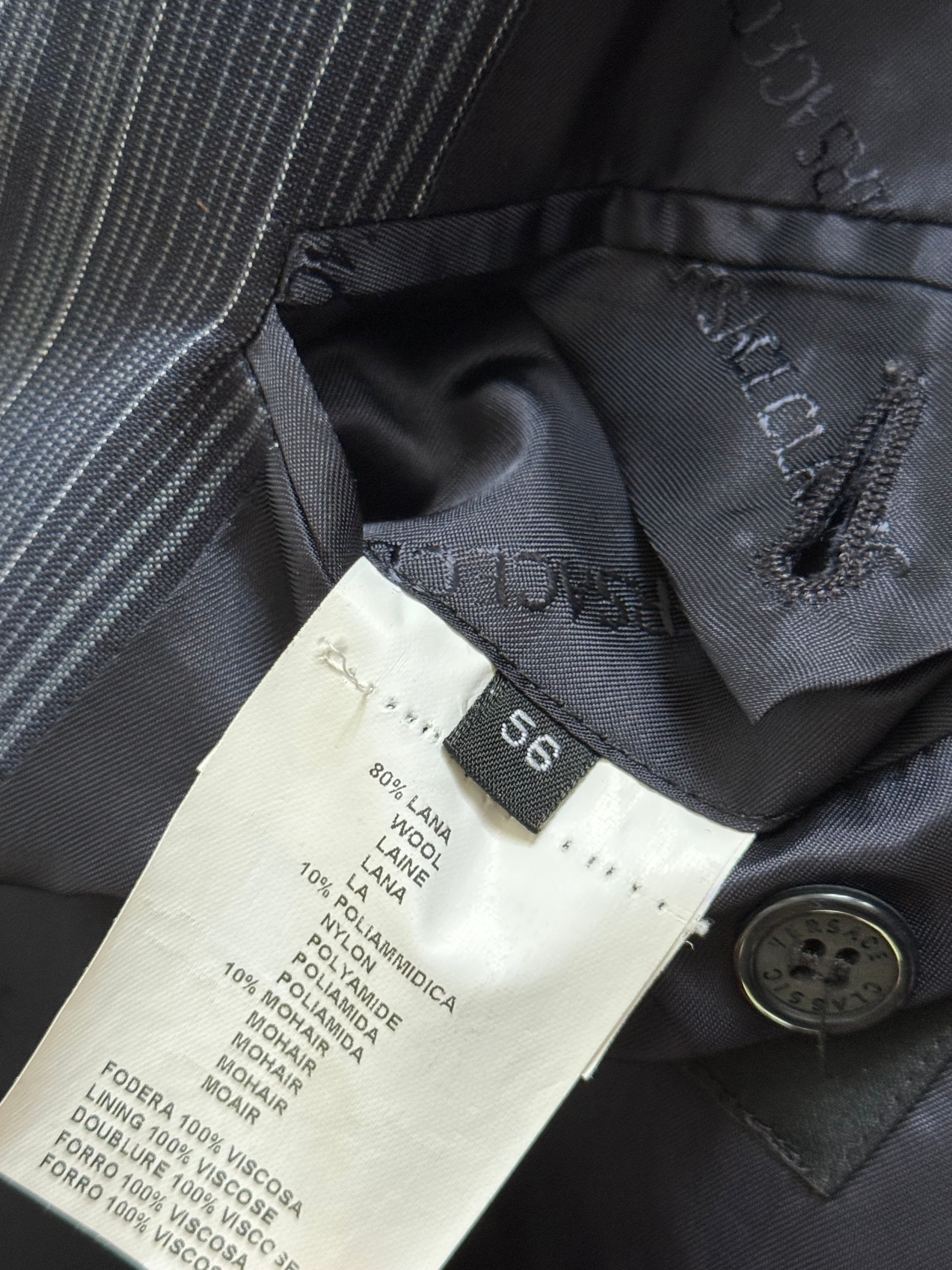 Versace 1980s Notch Lapel Double Breasted Wool Mohair Pleated Striped Suit - Size XXL Jacket / 38" Waist