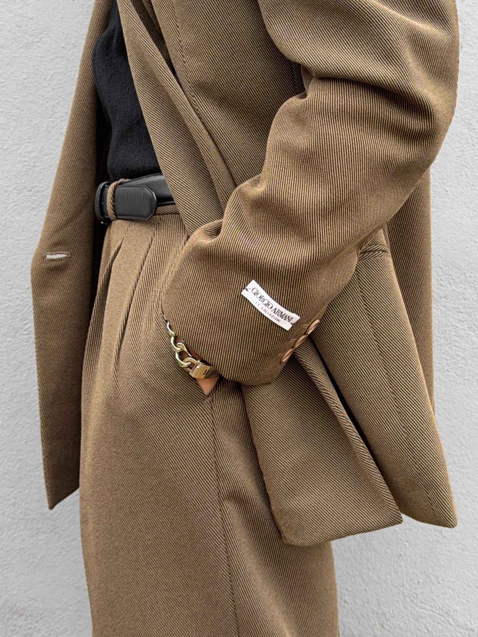 Giorgio Armani 1980s Double Breasted Pleated Wool Suit Taupe Brown New - Size L Jacket / 32" Waist