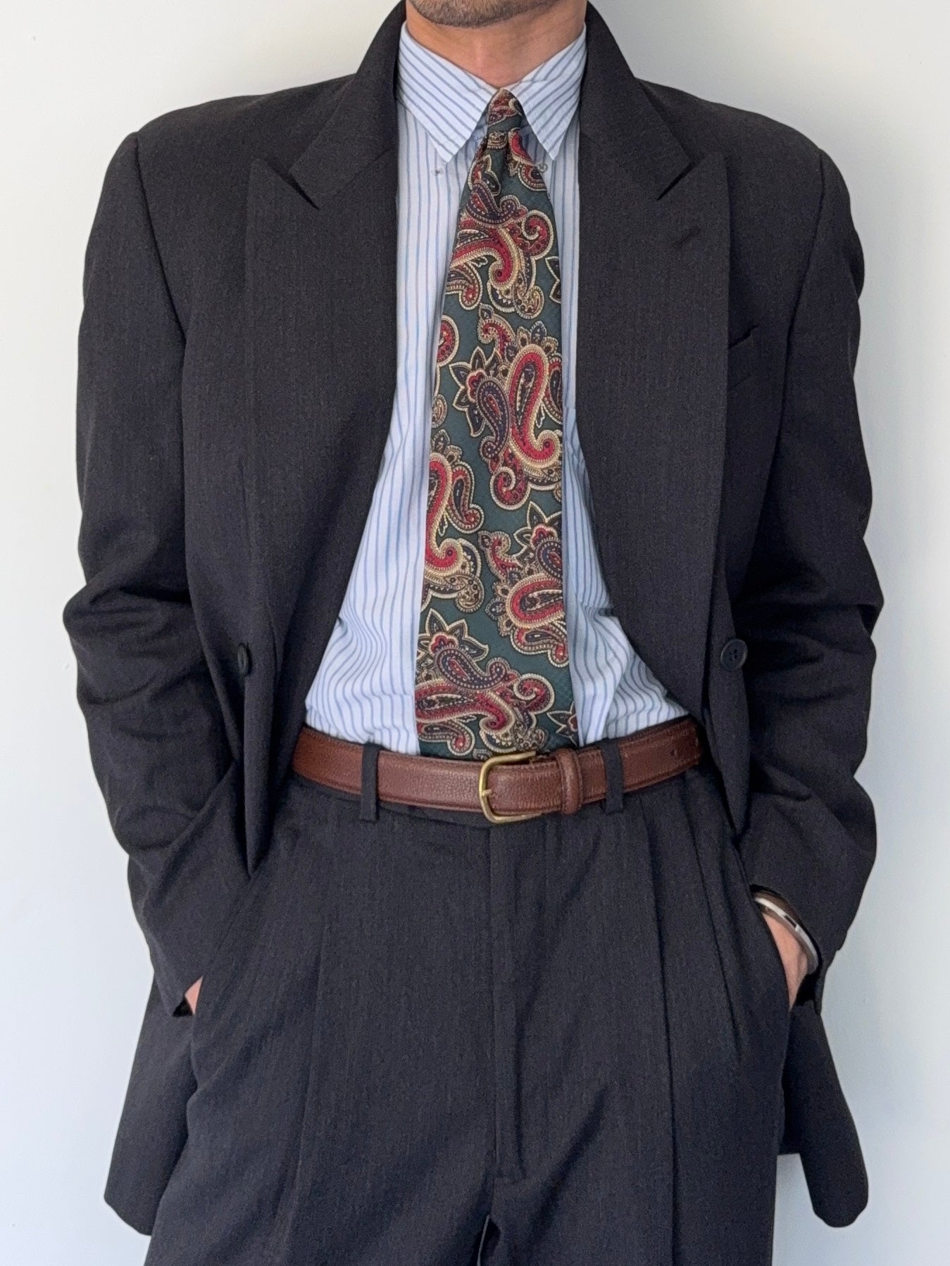 Armani 1990s Peaked Lapel Double Breasted Pleated Wool Suit