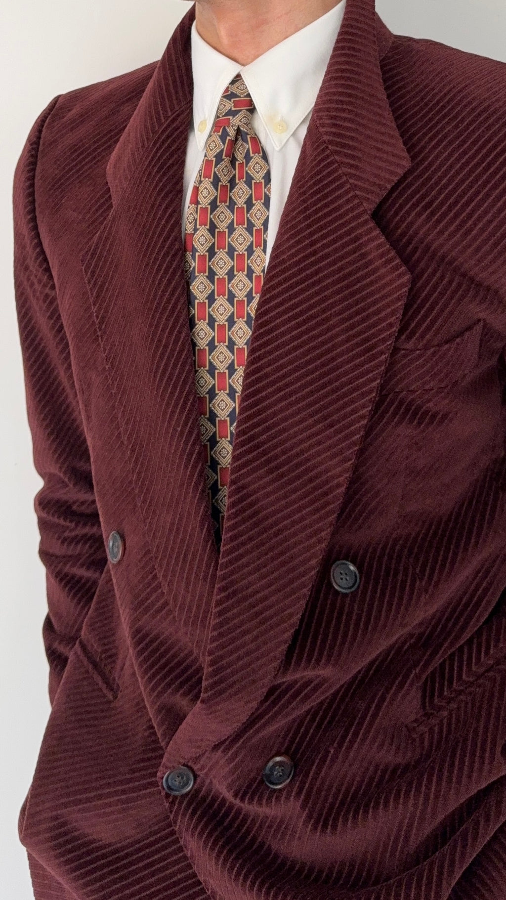 Hugo Boss 1980s Special Order Burgundy Double Breasted Cotton Sport Blazer Jacket - Size S
