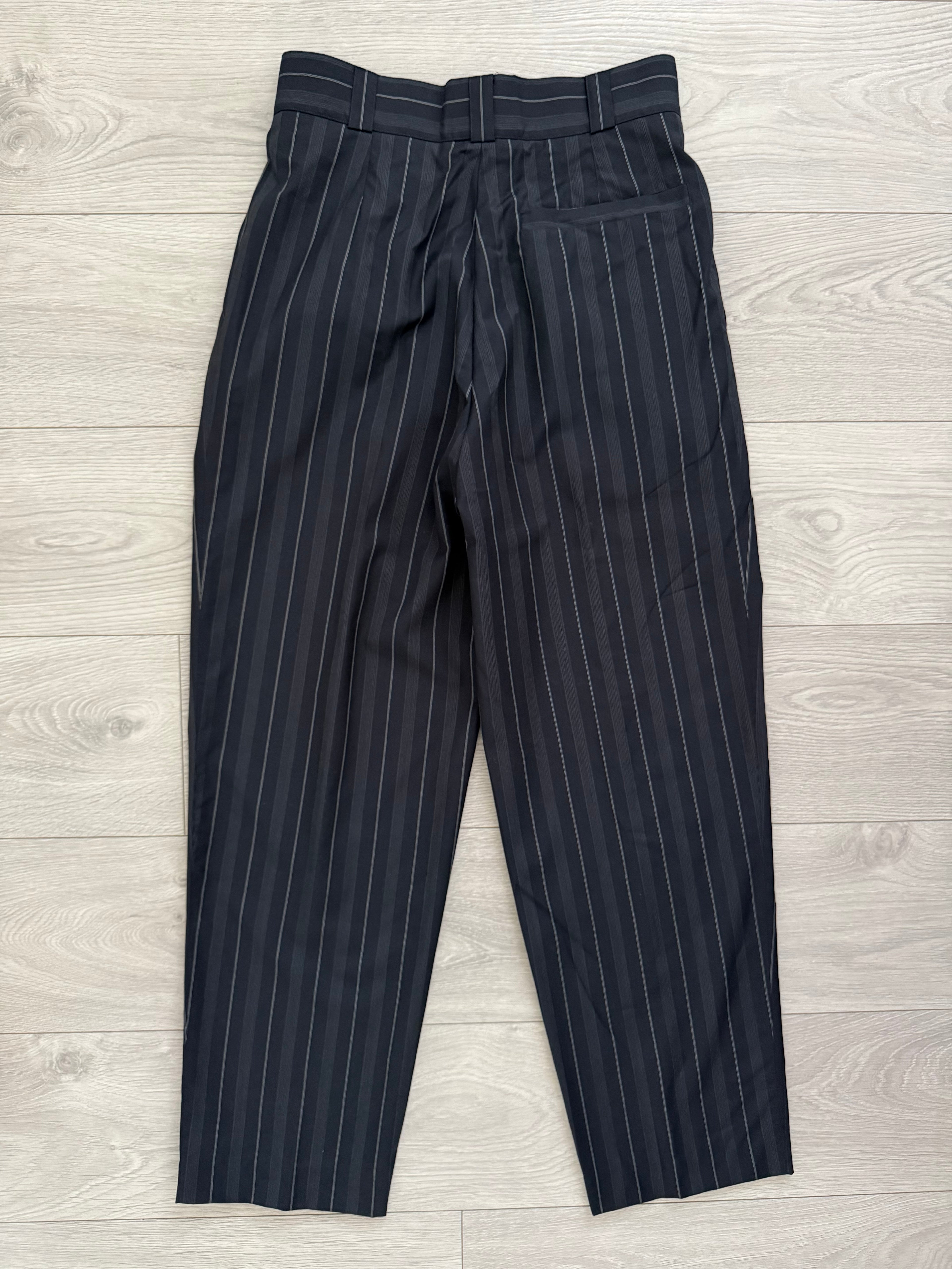 Versace 1980s Metal Button Notch Lapel Double Breasted Pleated Wool Striped Suit - Size S Jacket / 29" Waist