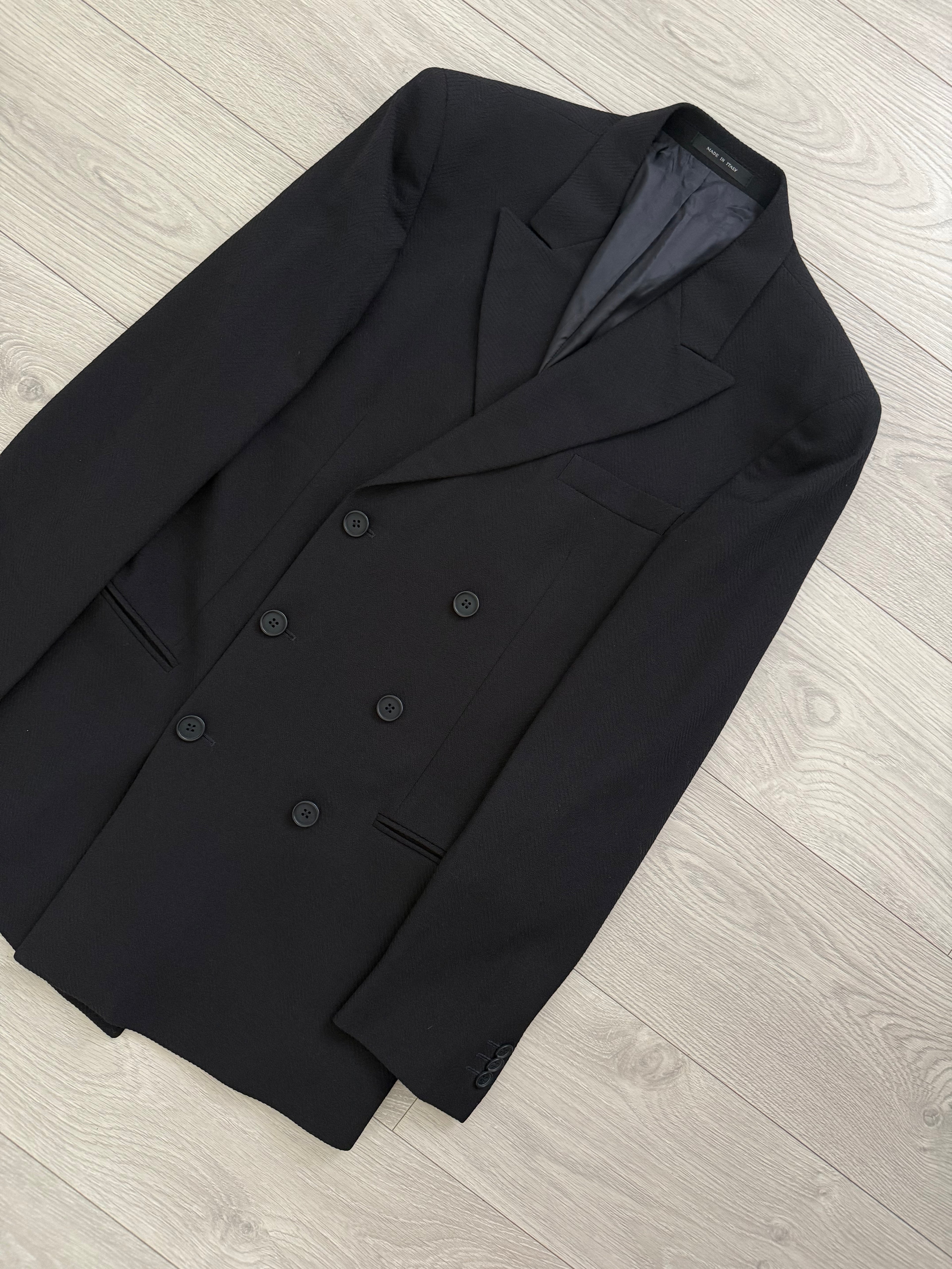 Emporio Armani 1990s 6B Peaked Lapel Double Breasted Herringbone Wool Suit Navy - Size S Jacket / 30" Waist