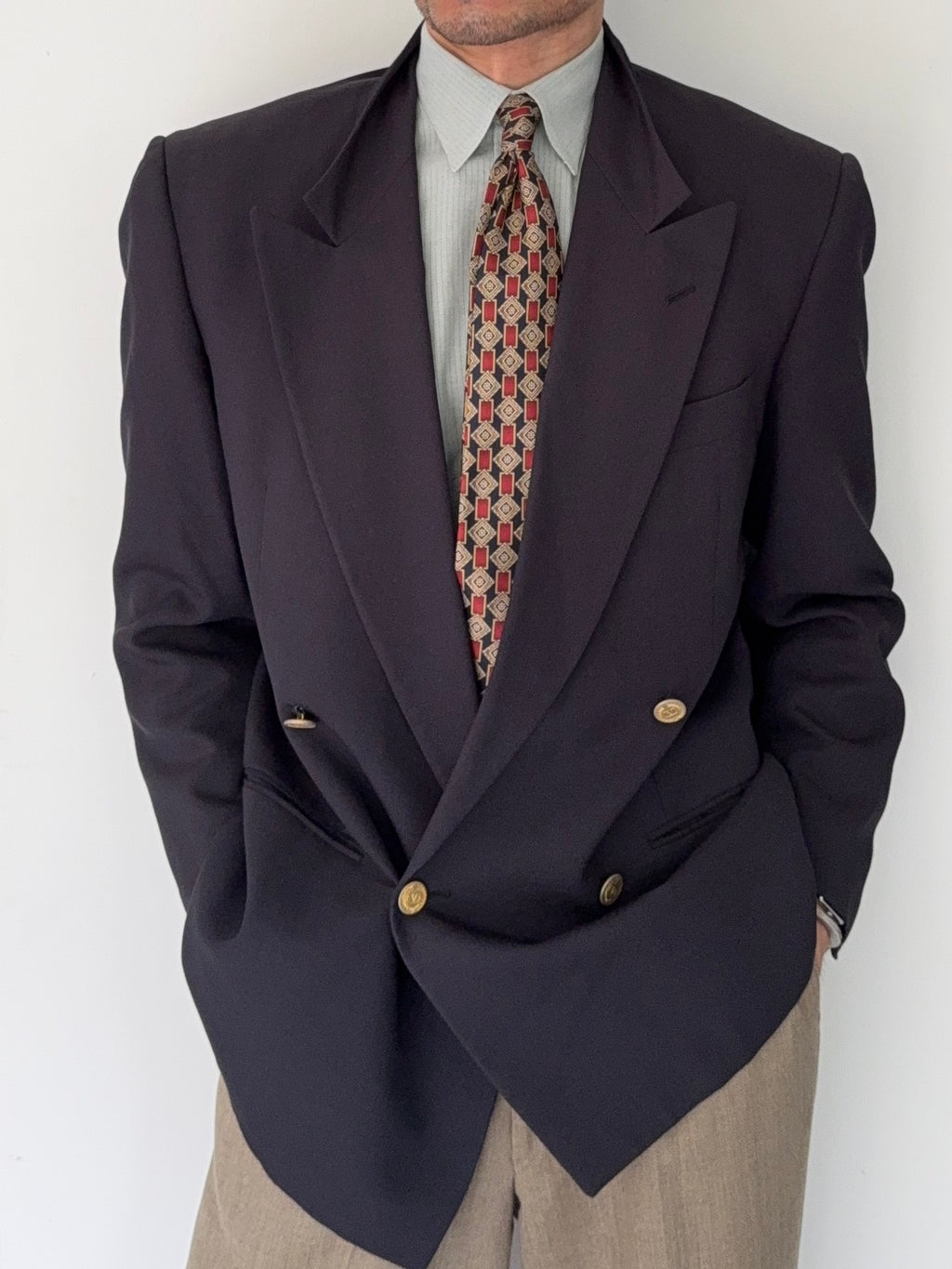 Valentino 1980s Peaked Lapel Double Breasted Metal Button Wool Jacket Navy  - Size S