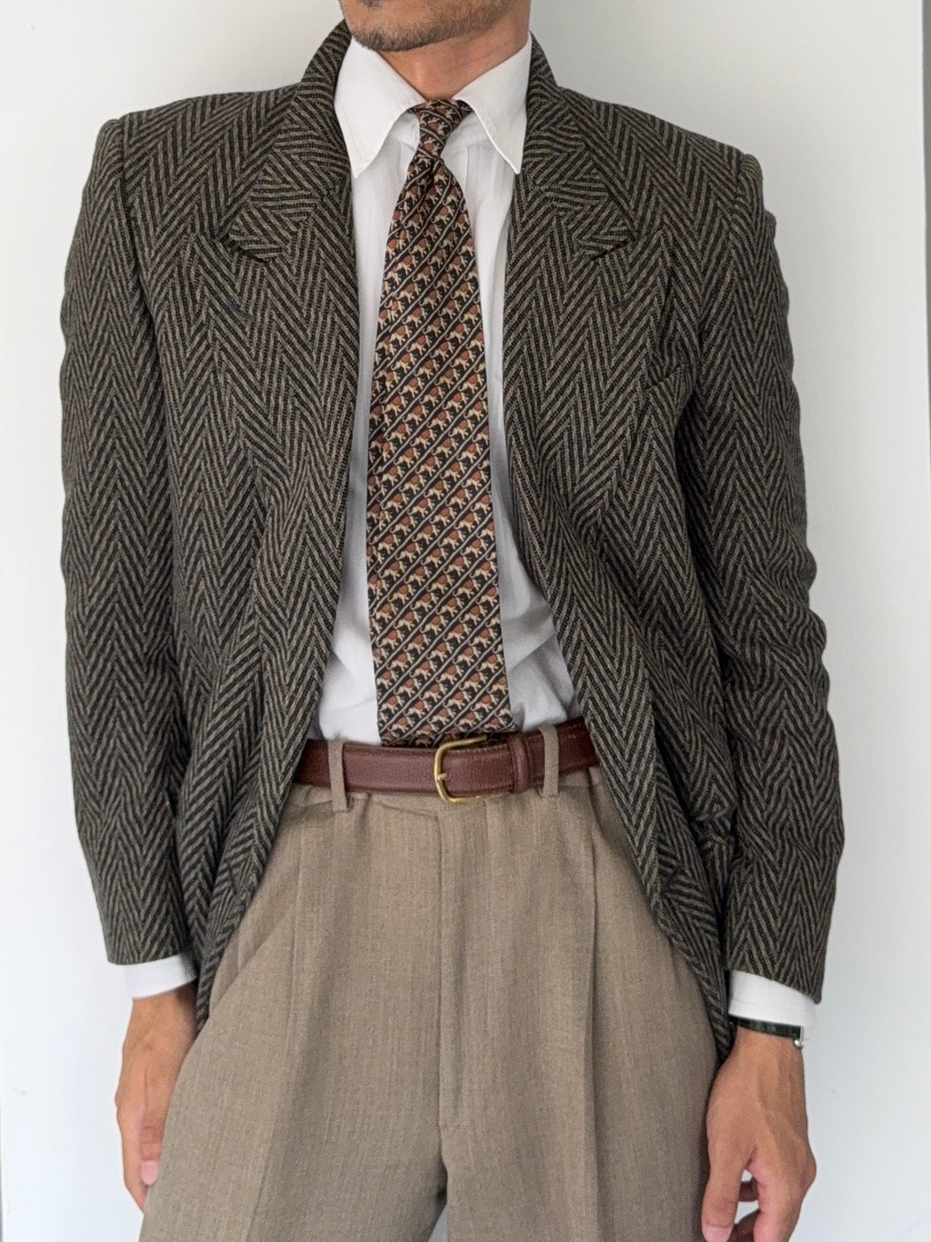 Hilton Armani 1980s Peaked Lapel Double Breasted Herringbone Sports Jacket Blazer - Size S
