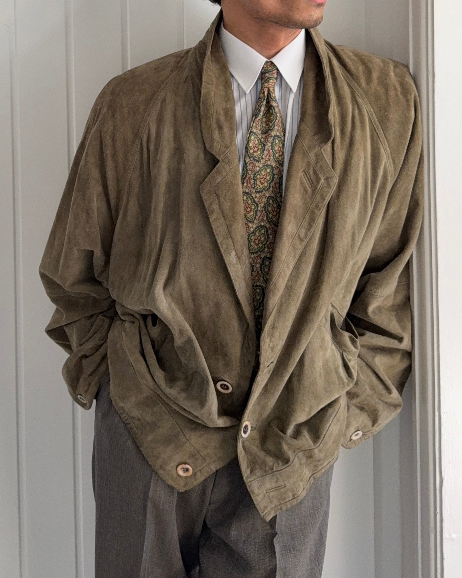 Hugo Boss 1980s Olive Suede Tailored Blouson Jacket - Size XL