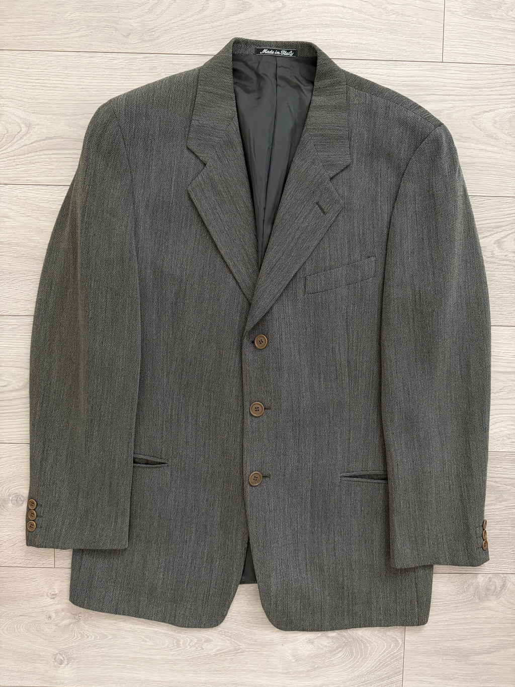 Giorgio Armani 1980s 3B Herringbone Weave Grey Pleated Wool Suit - Size XL Jacket / 32" Waist