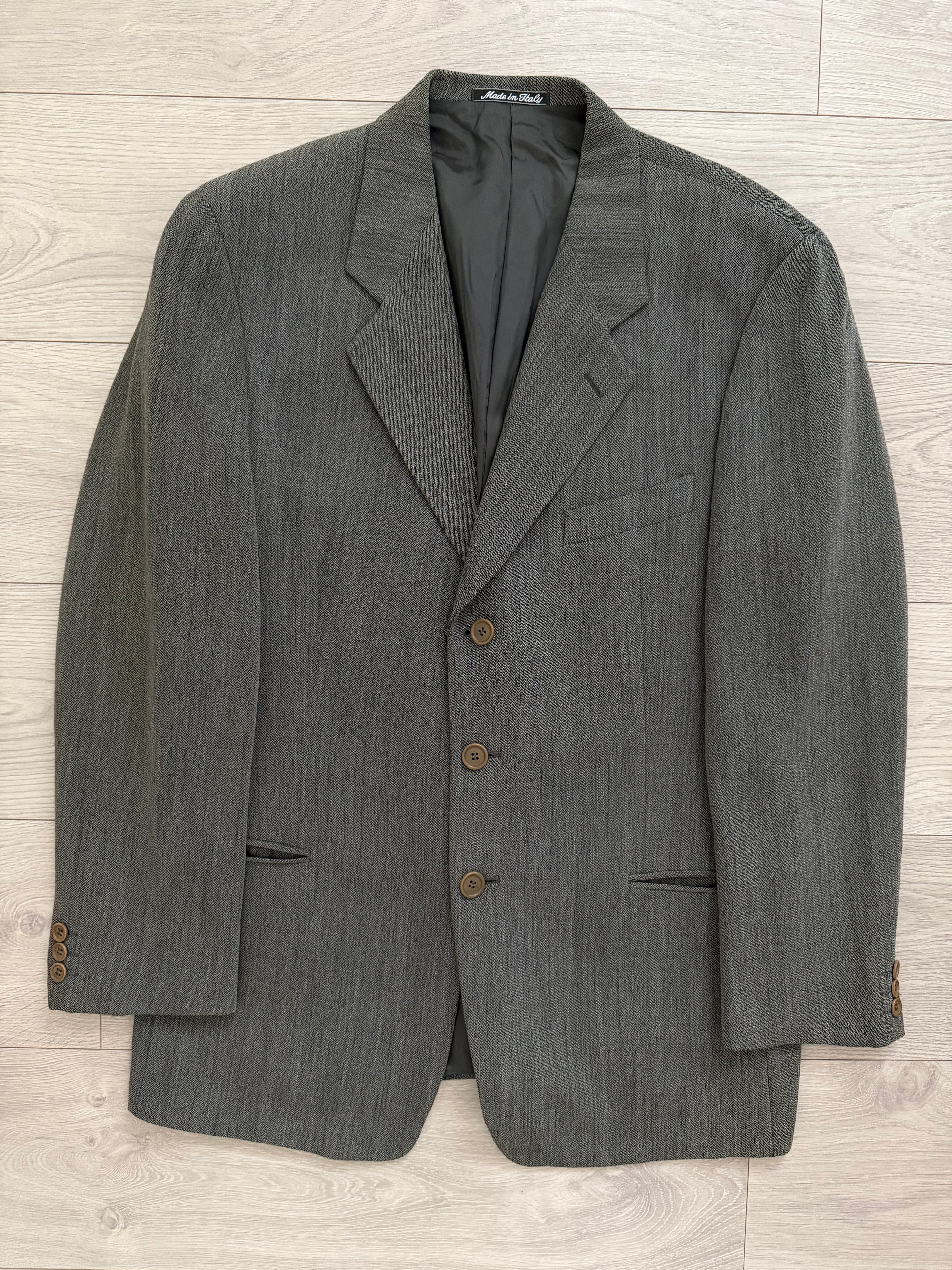 Giorgio Armani 1980s 3B Herringbone Weave Grey Pleated Wool Suit - Size XL Jacket / 32" Waist