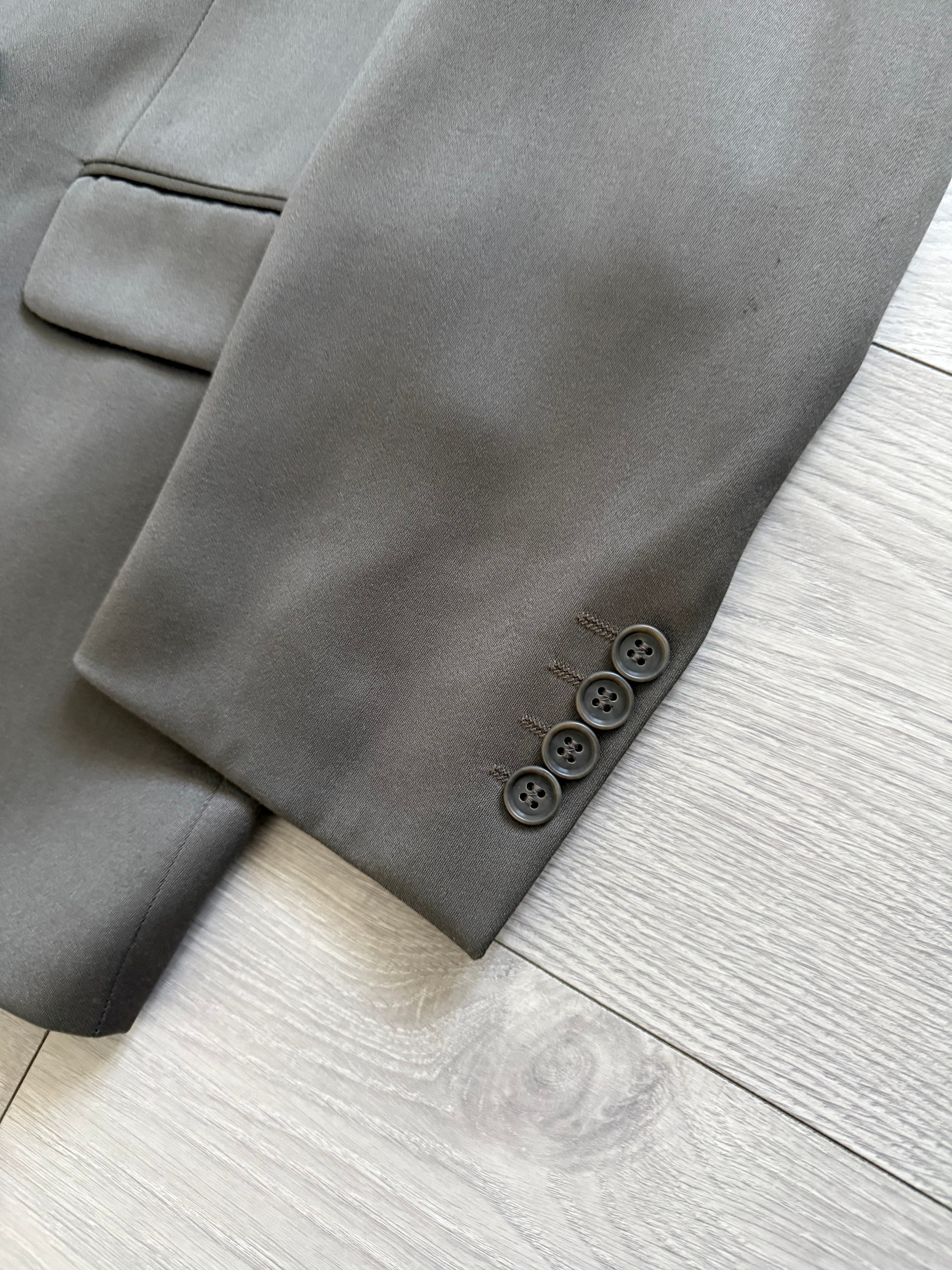 Hugo Boss 1980s 'Mitford' Peak Lapel Double Breasted Pleated Taupe Green Suit - Size L Jacket / 30" Waist