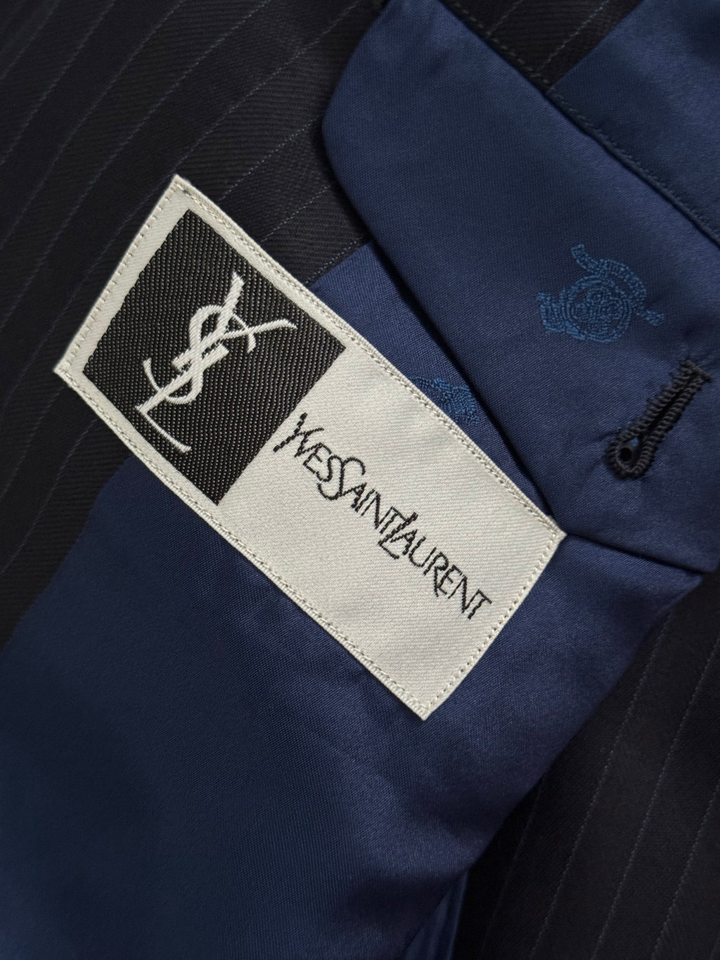 Yves Saint Laurent 1990s Double Breasted Pleated Striped Wool Navy Suit - Size M Jacket / 30" Waist