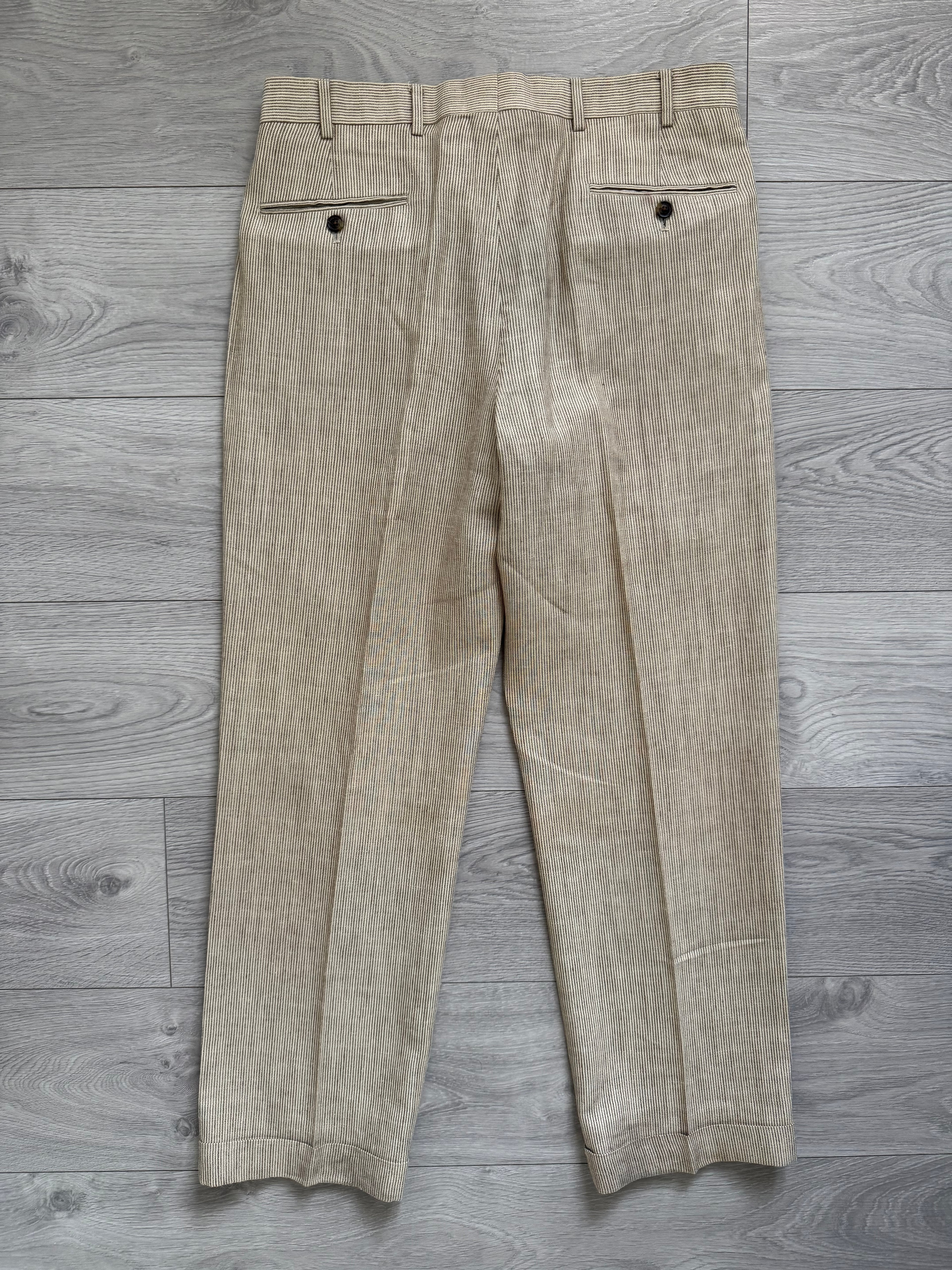 Brooks Brothers 1990s Pleated Wool Silk Linen Seersucker Beige Pants - Size 34" Waist