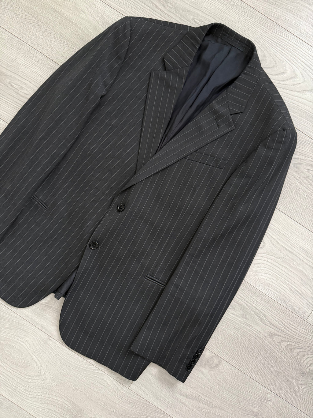 Armani 1990s 2B Charcoal Grey Striped Wool Suit - Size XXL Jacket / 38" Waist