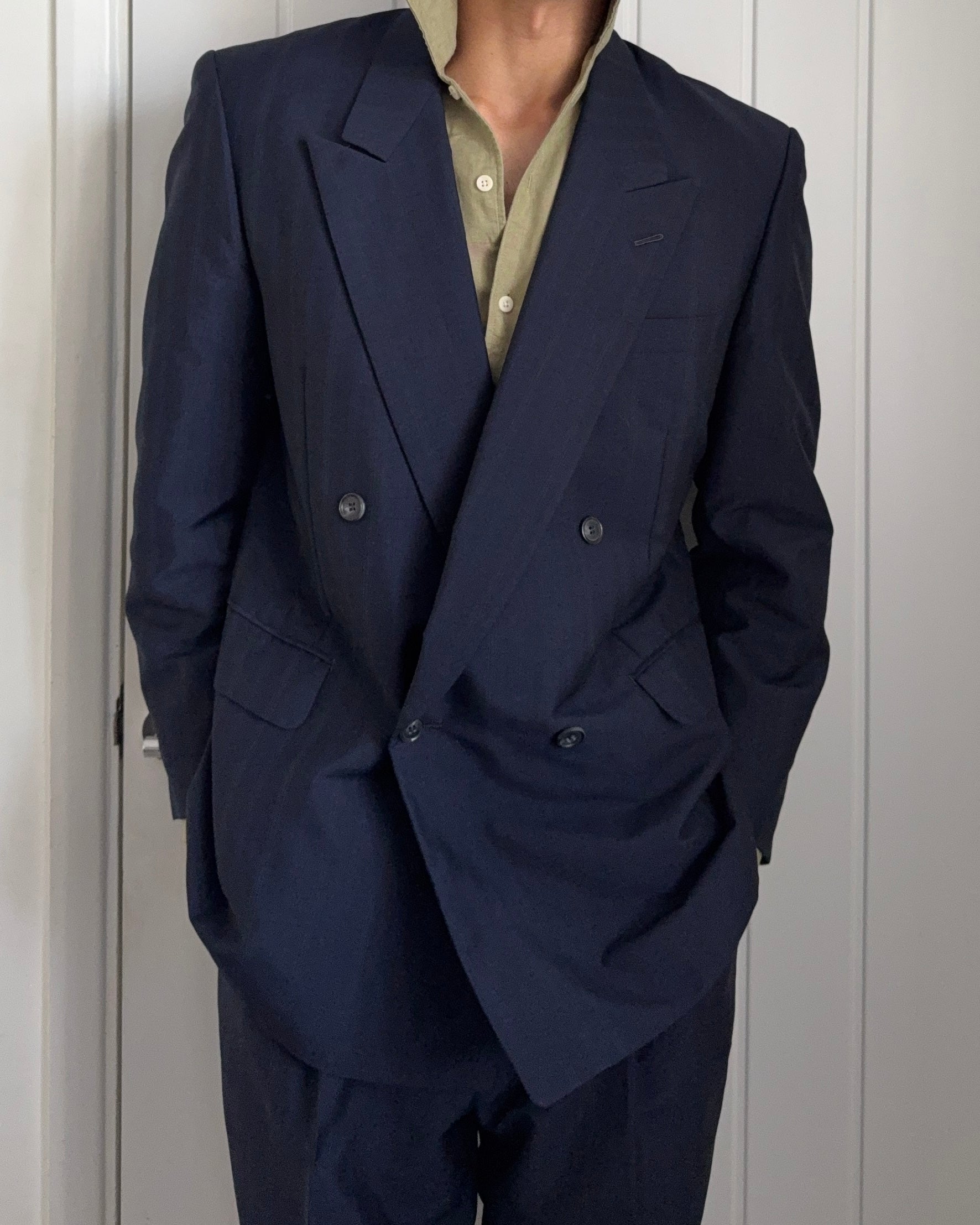 Yves Saint Laurent 1990s Double-Breasted Pleated Striped Blue Wool Suit - Size L Jacket / 32" Waist