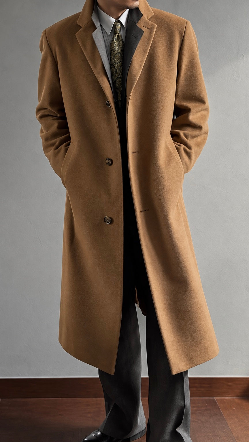 Hugo Boss 1980s Camel Brown Long Wool Overcoat Made in Italy - Size L