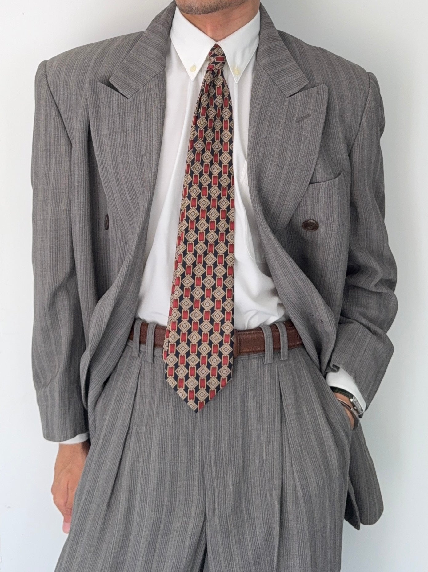 Basile 1980s Peaked Lapel Double Breasted Pleated Textured Wool Suit - Size M Jacket / 31" Waist