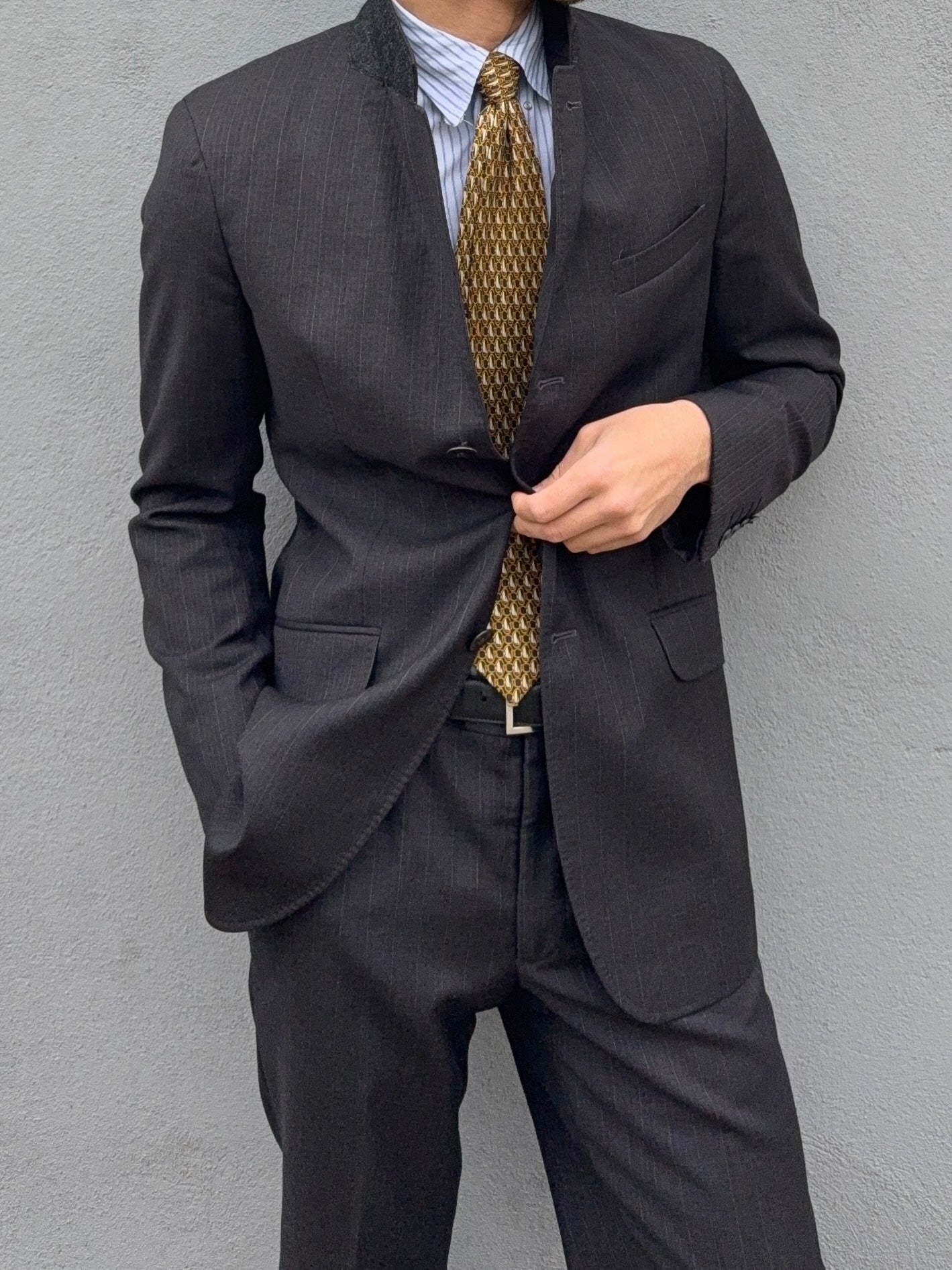 Armani 1990s 3B Grey Striped Pleated Wool Suit - Size S Jacket / 31" Waist