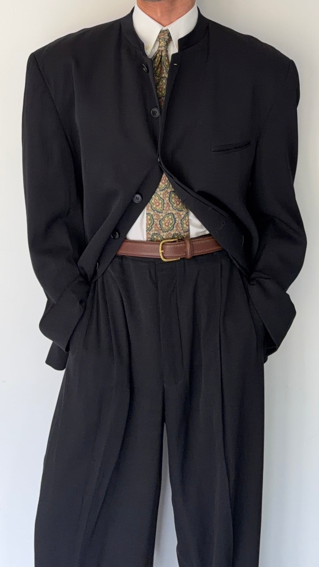 Giorgio Armani Black Label Mainline 1990s Nehru Collar Draped Wool Pleated Suit - Size XXL Jacket / 38" Waist