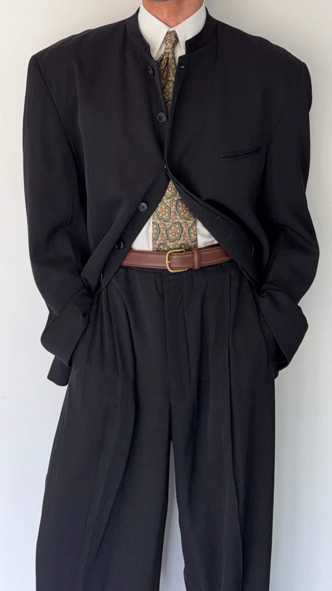 Giorgio Armani Black Label Mainline 1990s Nehru Collar Draped Wool Pleated Suit - Size XXL Jacket / 38" Waist