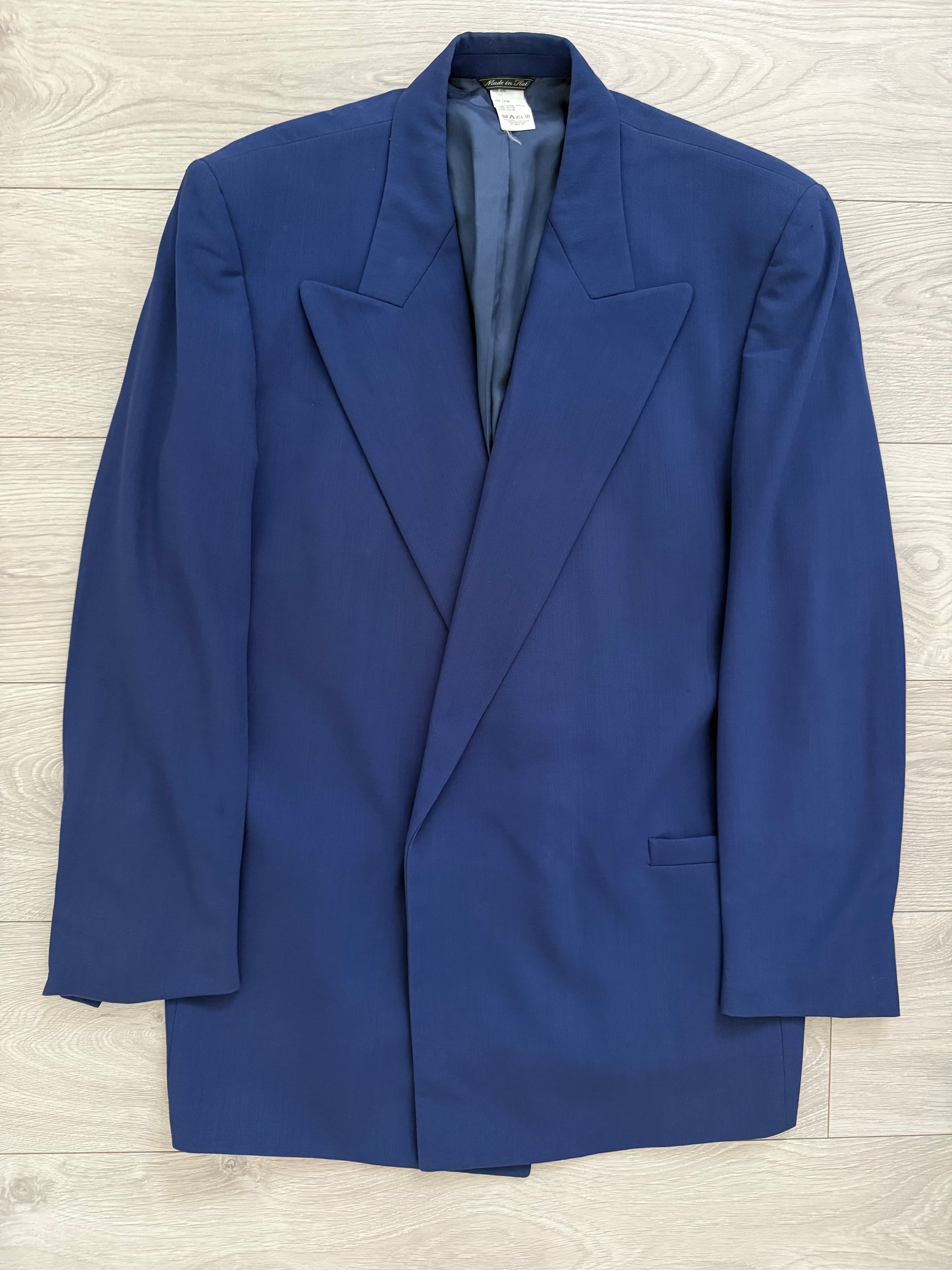 Versace 1980s Draped Hidden Button Peaked Lapel Double Breasted Pleated Wool Suit - Size L Jacket / 32" Waist