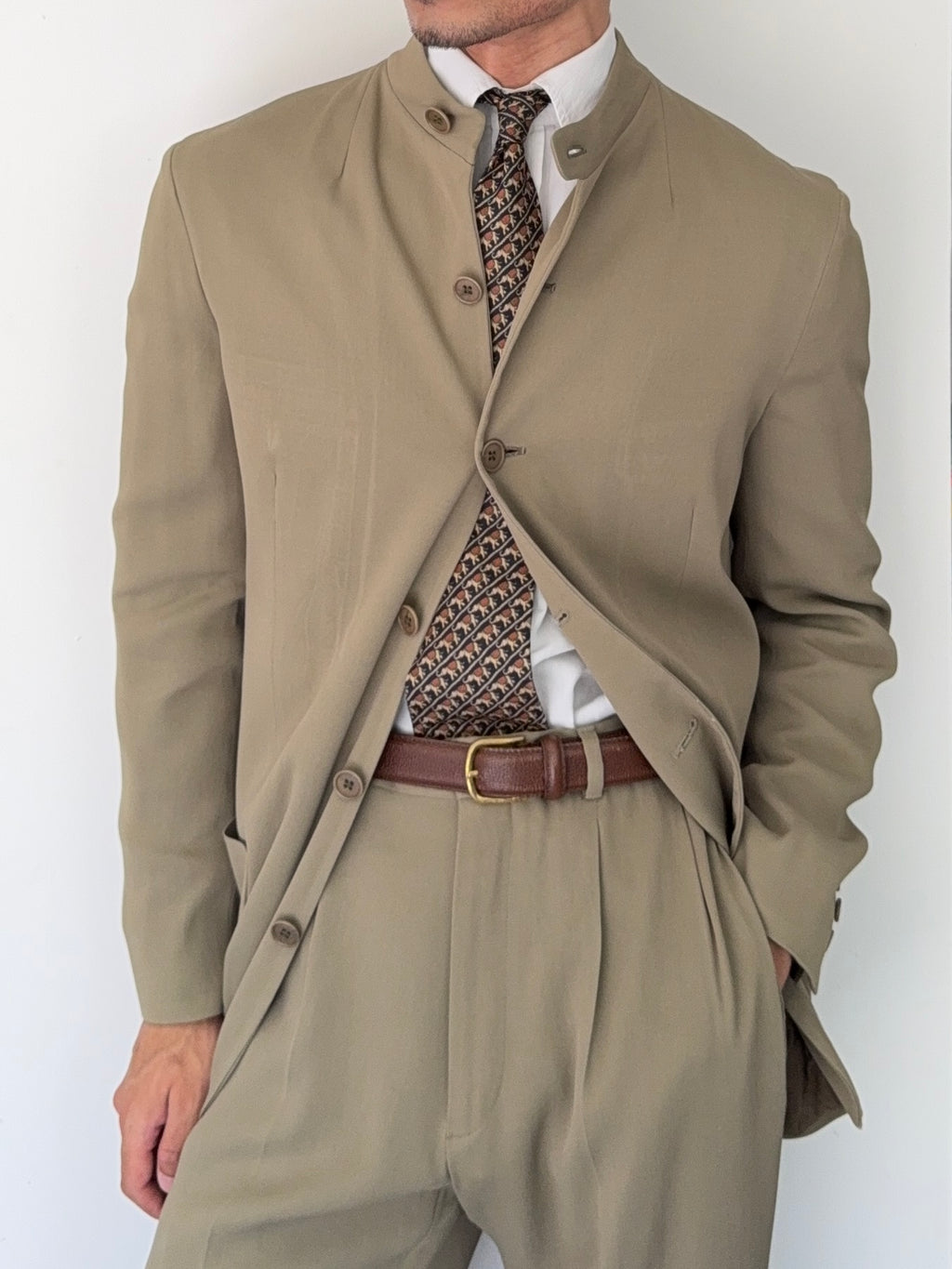Emporio Armani AW1995 Nehru Collar Draped Khaki Taupe Suit - Size S Jacket / 30" Waist