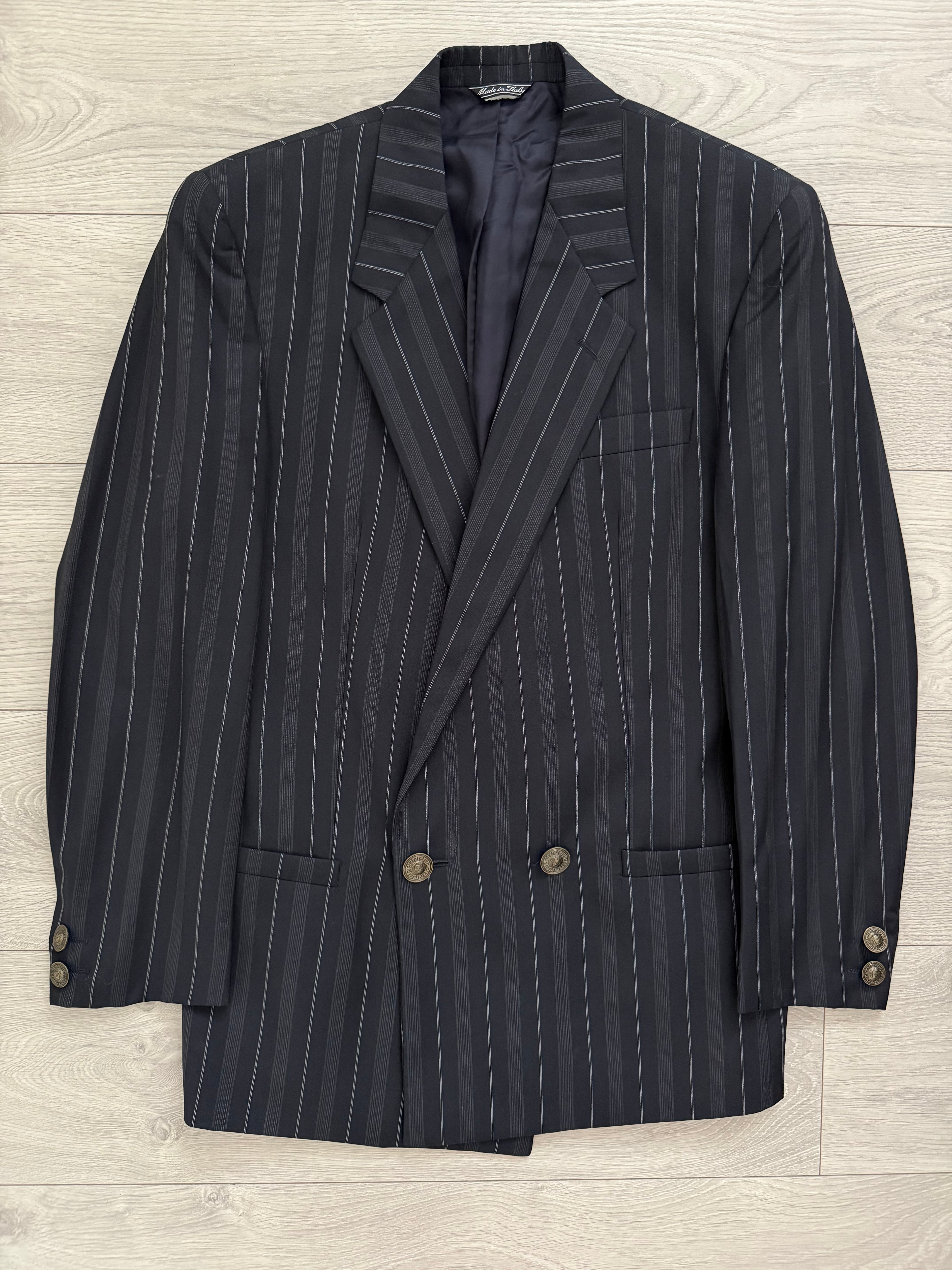 Versace 1980s Metal Button Notch Lapel Double Breasted Pleated Wool Striped Suit - Size S Jacket / 29" Waist