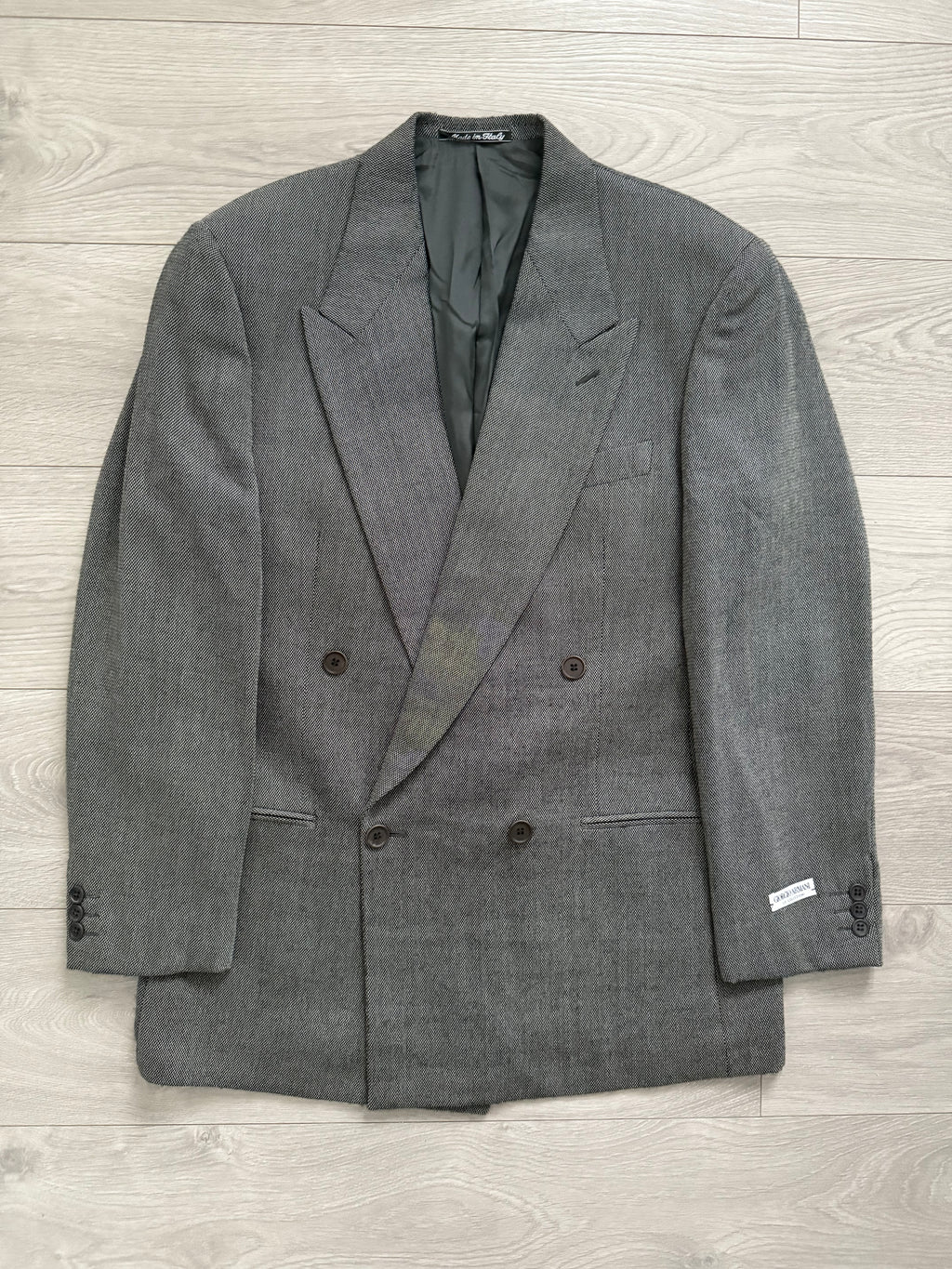 Giorgio Armani 1980s Double Breasted Pleated Wool Suit Textured Grey New - Size L Jacket / 32" Waist