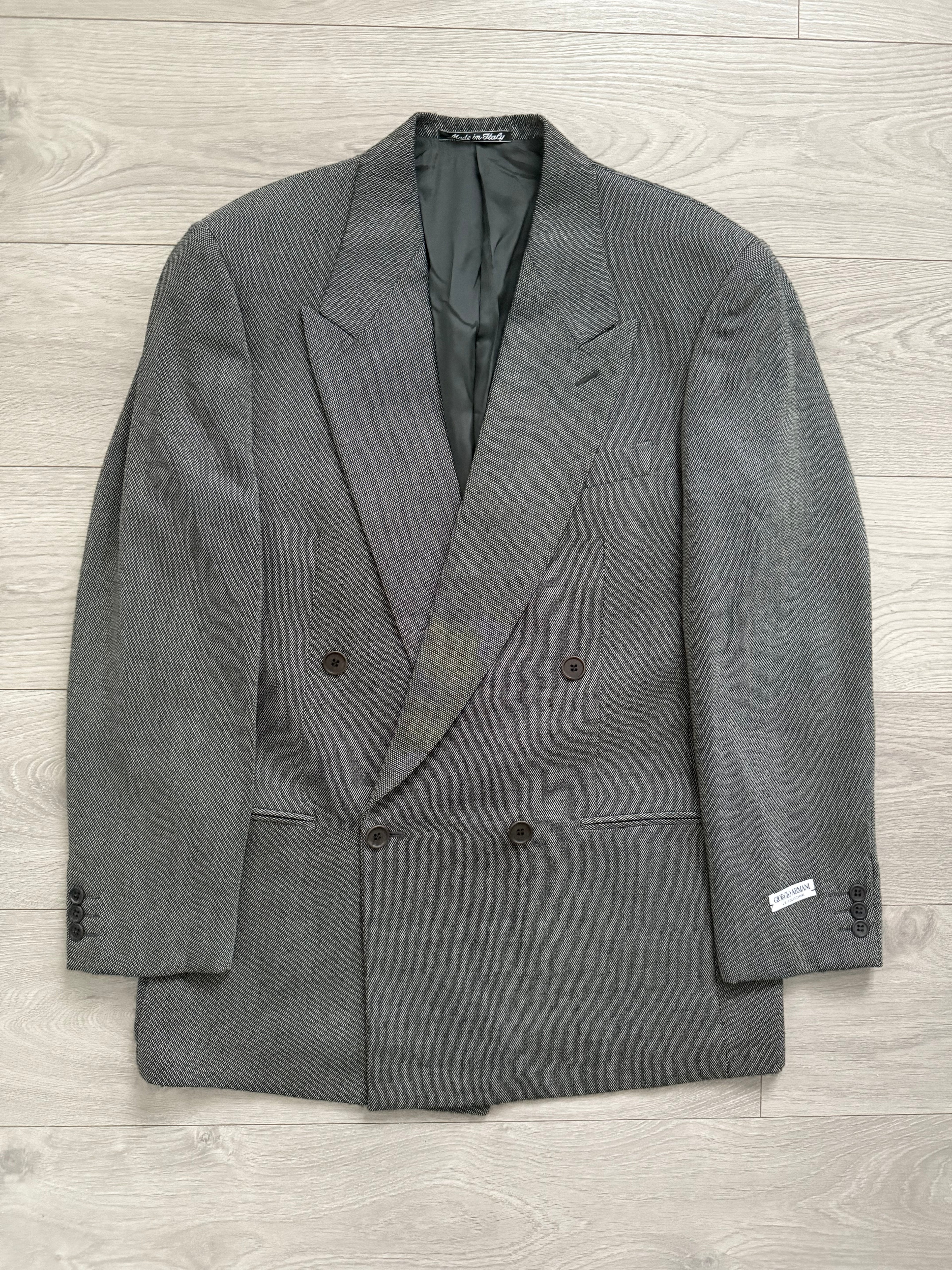 Giorgio Armani 1980s Double Breasted Pleated Wool Suit Textured Grey New - Size L Jacket / 32" Waist