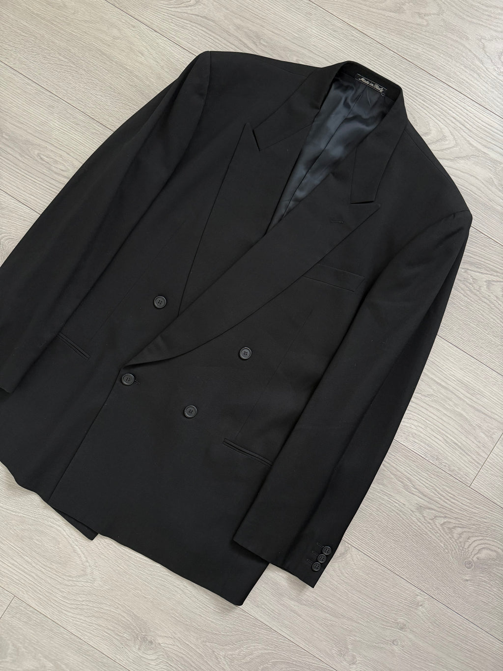 Giorgio Armani 1980s Peaked Lapel Double Breasted Pleated Black Suit - Size XXL Jacket / 44" Waist