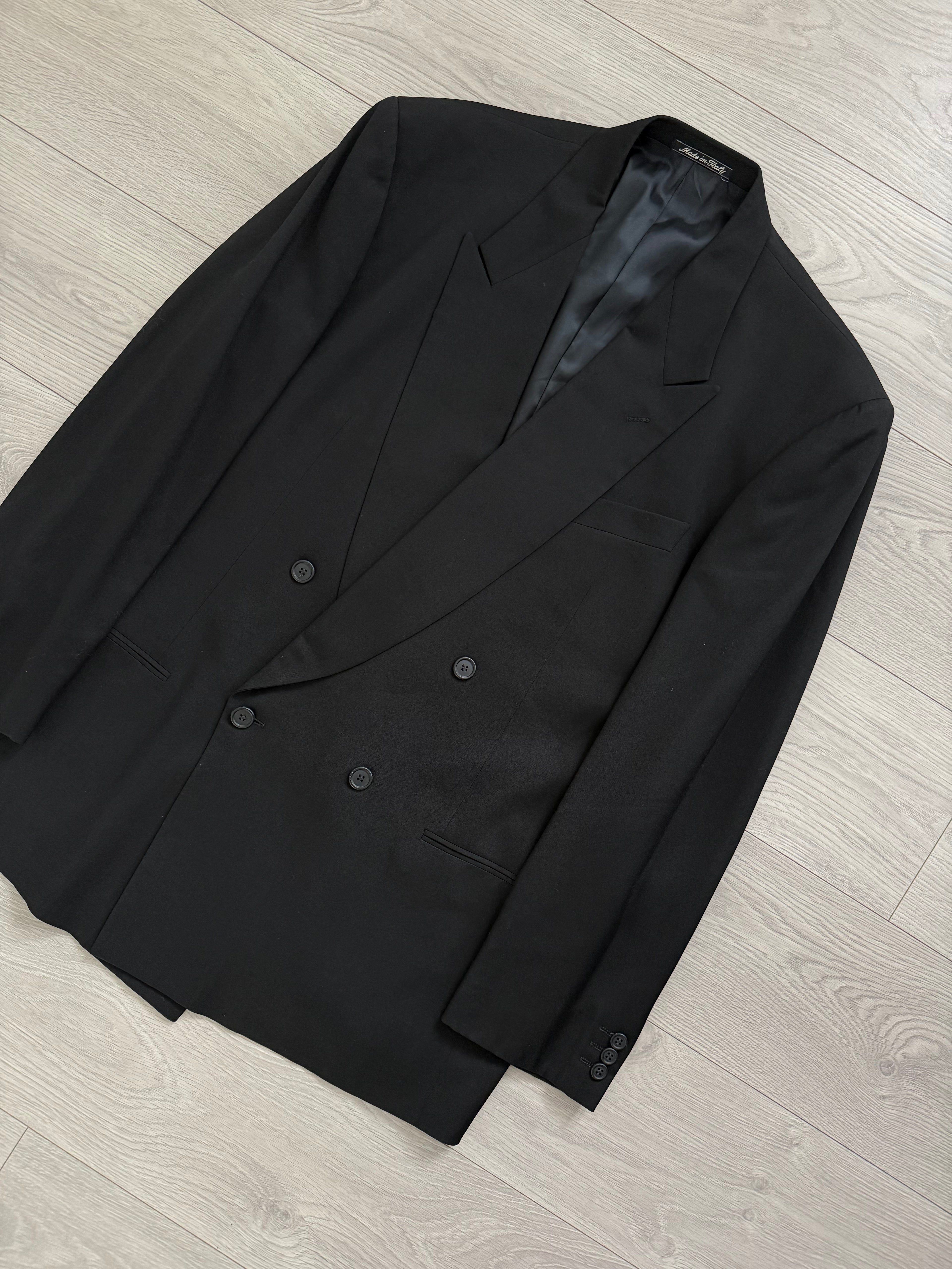 Giorgio Armani 1980s Peaked Lapel Double Breasted Pleated Black Suit - Size XXL Jacket / 44" Waist