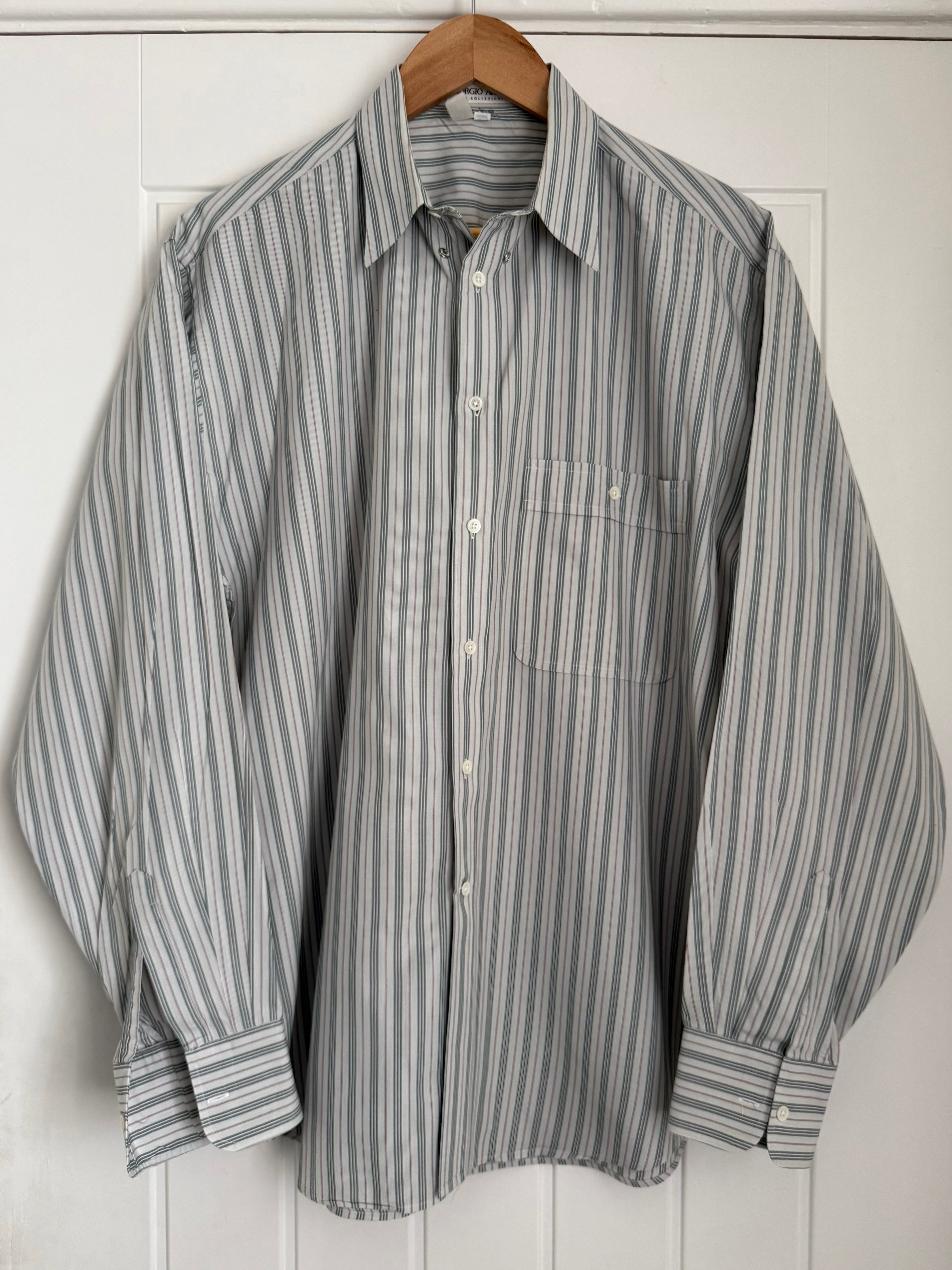 Giorgio Armani 1980s Snap Collar Chest Pocket Striped Cotton Shirt - Size XL