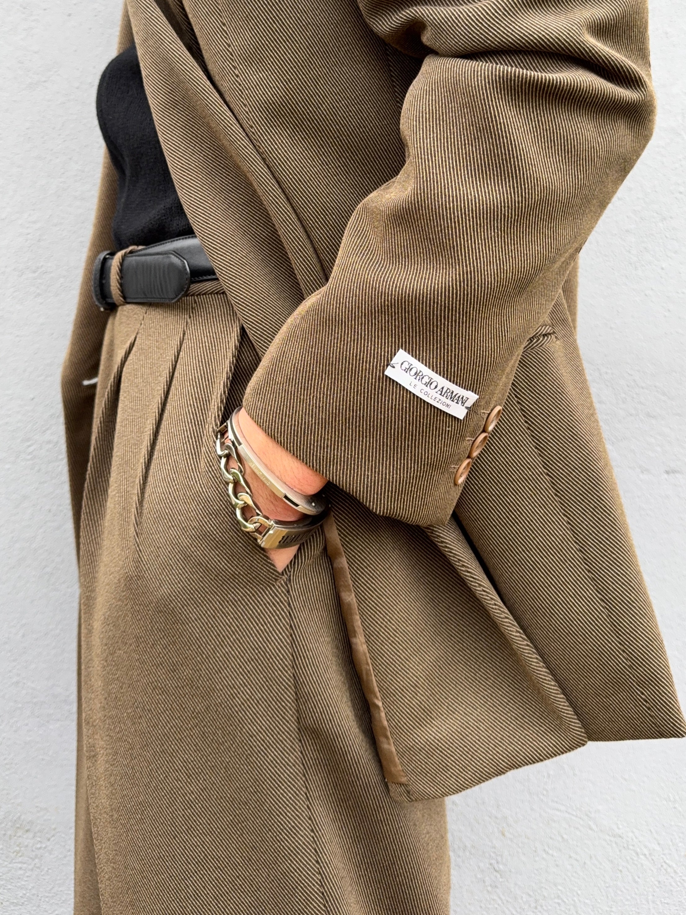 Giorgio Armani 1980s Double Breasted Pleated Wool Suit Taupe Brown New - Size L Jacket / 32" Waist