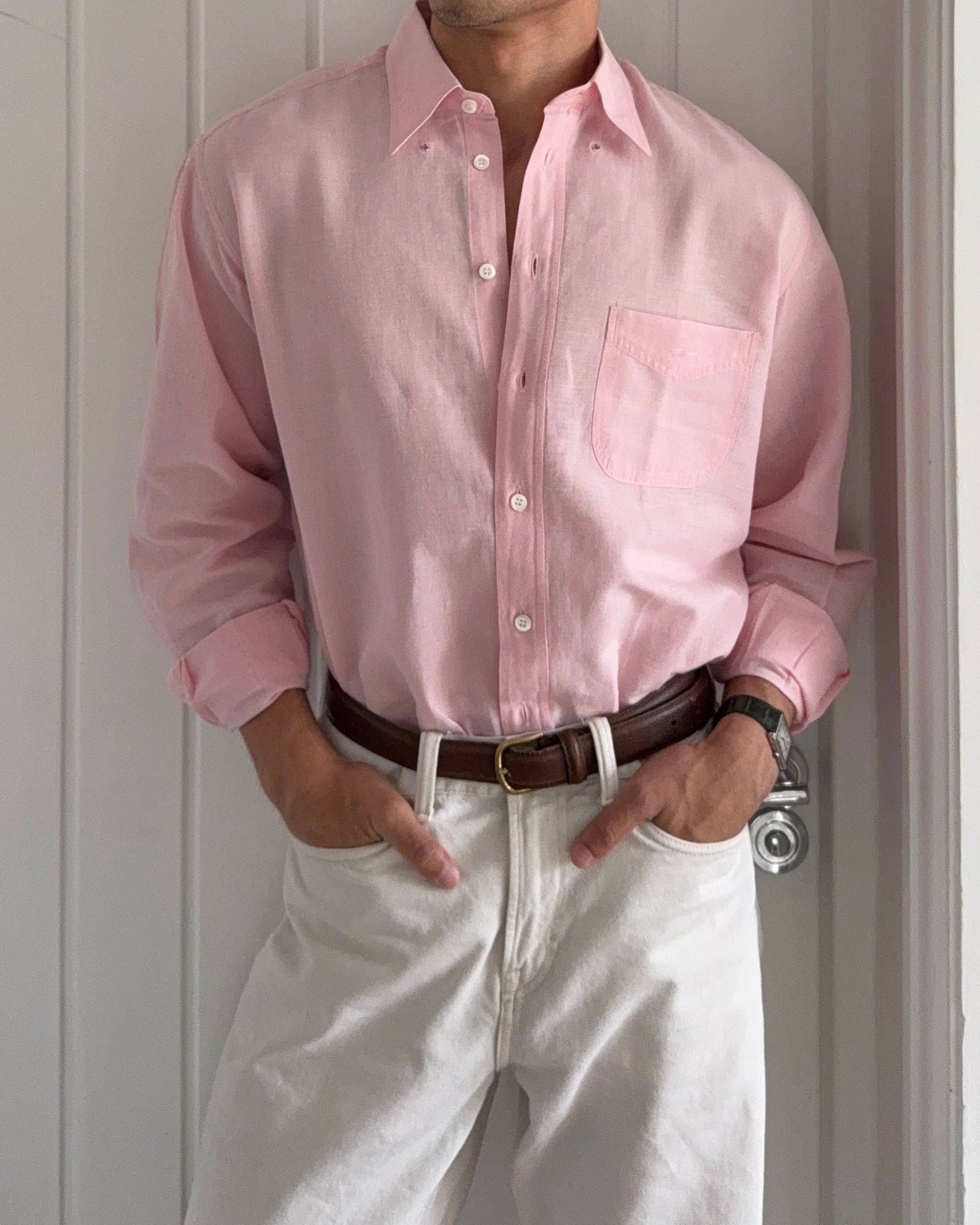 Emporio Armani 1990s Pink Linen Shirt - Size M