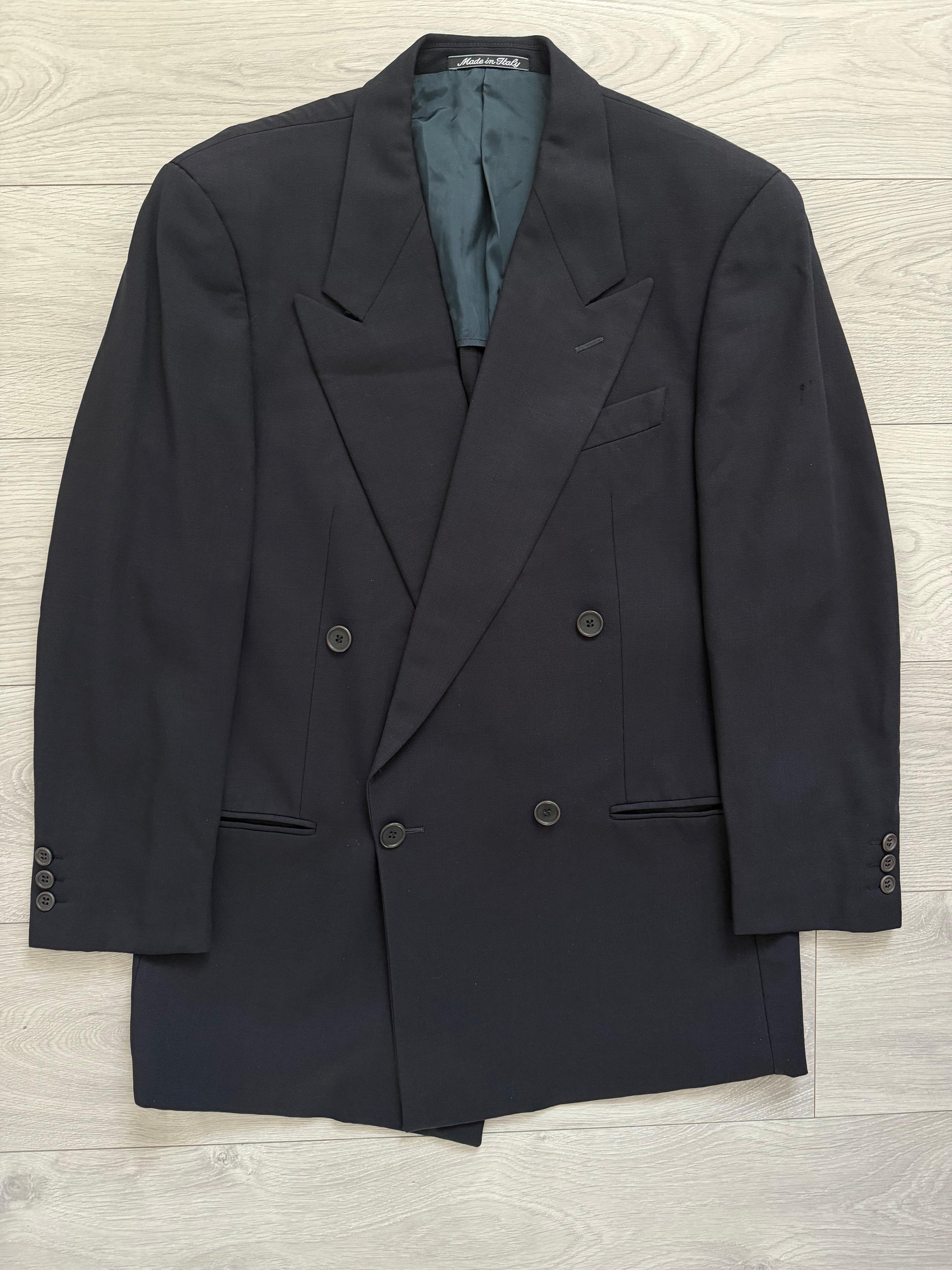 Giorgio Armani 1980s Peaked Lapel Double Breasted Wool Navy Suit - Size M Jacket / 30" Waist