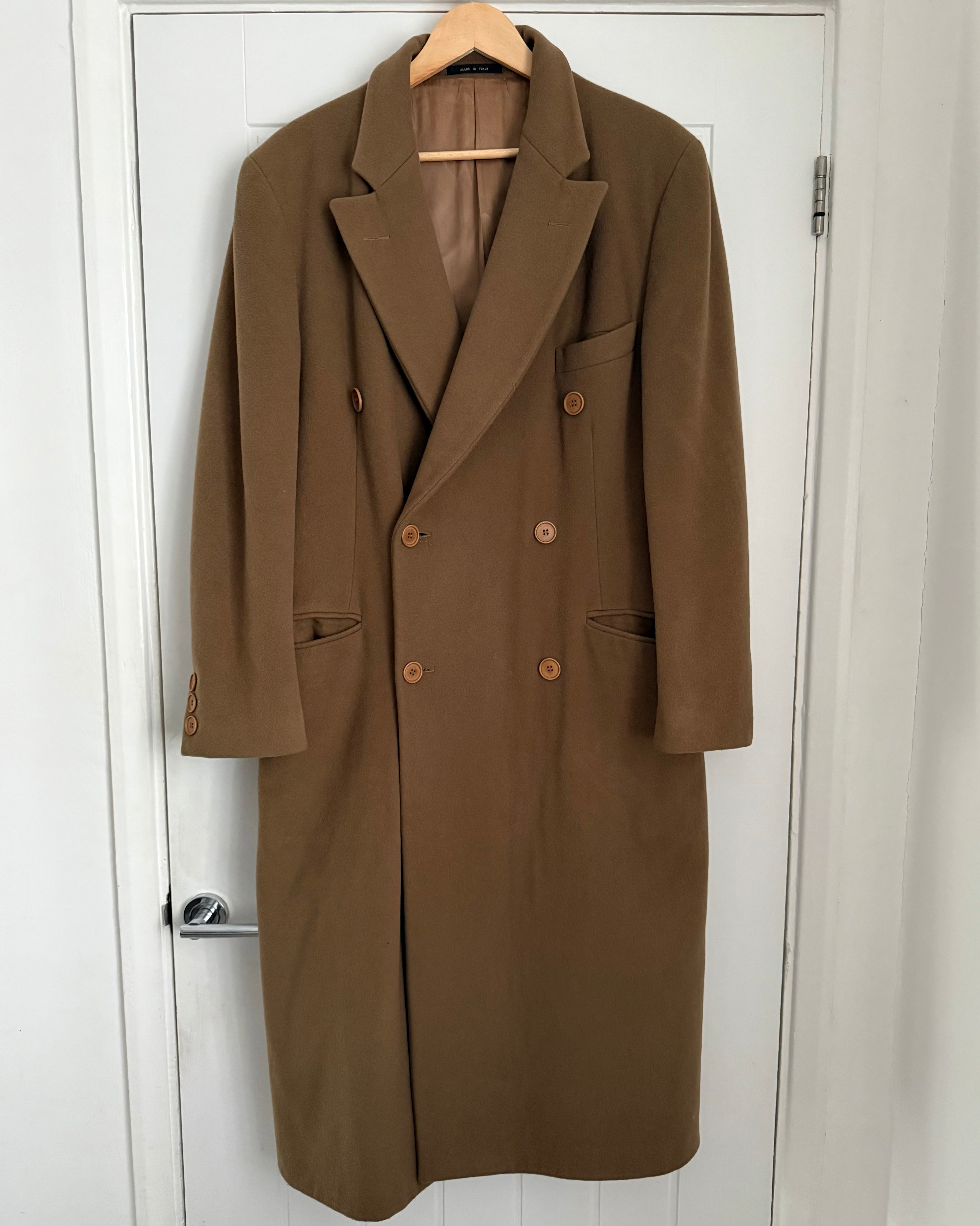 Emporio Armani 1990s Peaked Lapel Double-Breasted Relaxed Long Wool Coat - Size M