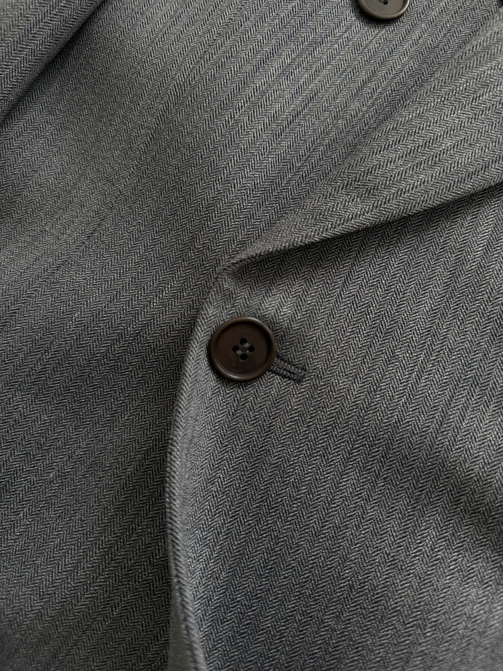 Giorgio Armani 1980s Peaked Lapel Double Breasted Herringbone Wool Grey Suit - Size M Jacket / 32" Waist