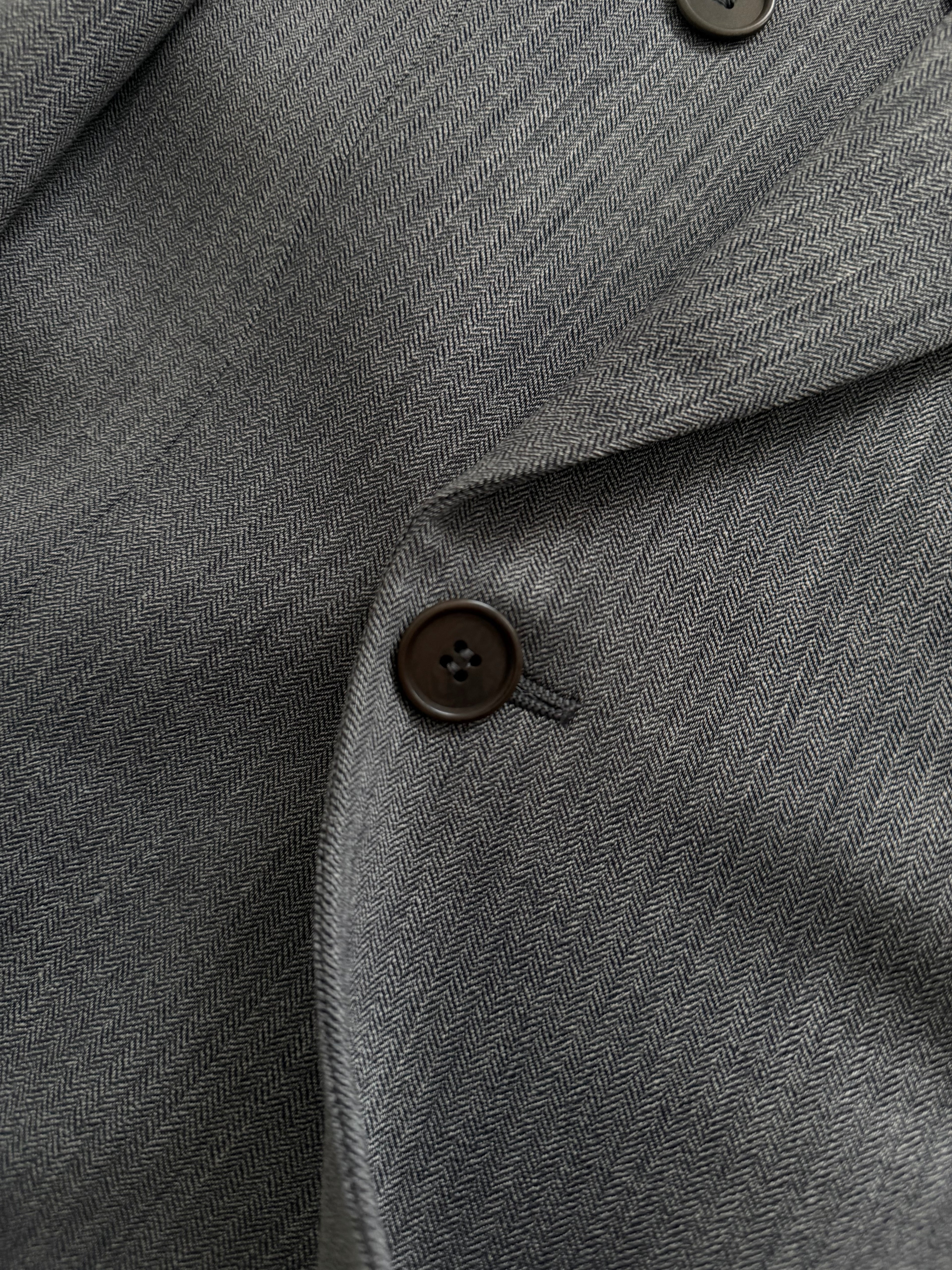 Giorgio Armani 1980s Peaked Lapel Double Breasted Herringbone Wool Grey Suit - Size M Jacket / 32" Waist