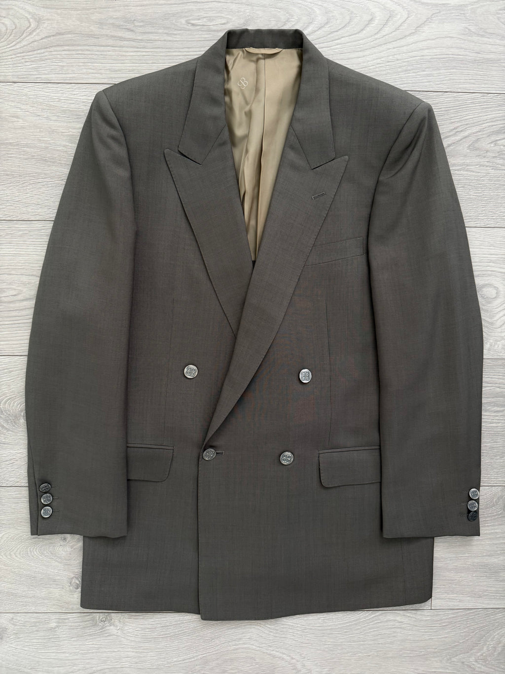 Balenciaga 1990s Peaked Lapel Double Breasted Metal Button Wool Khaki Suit - Size M Jacket / 36" Waist