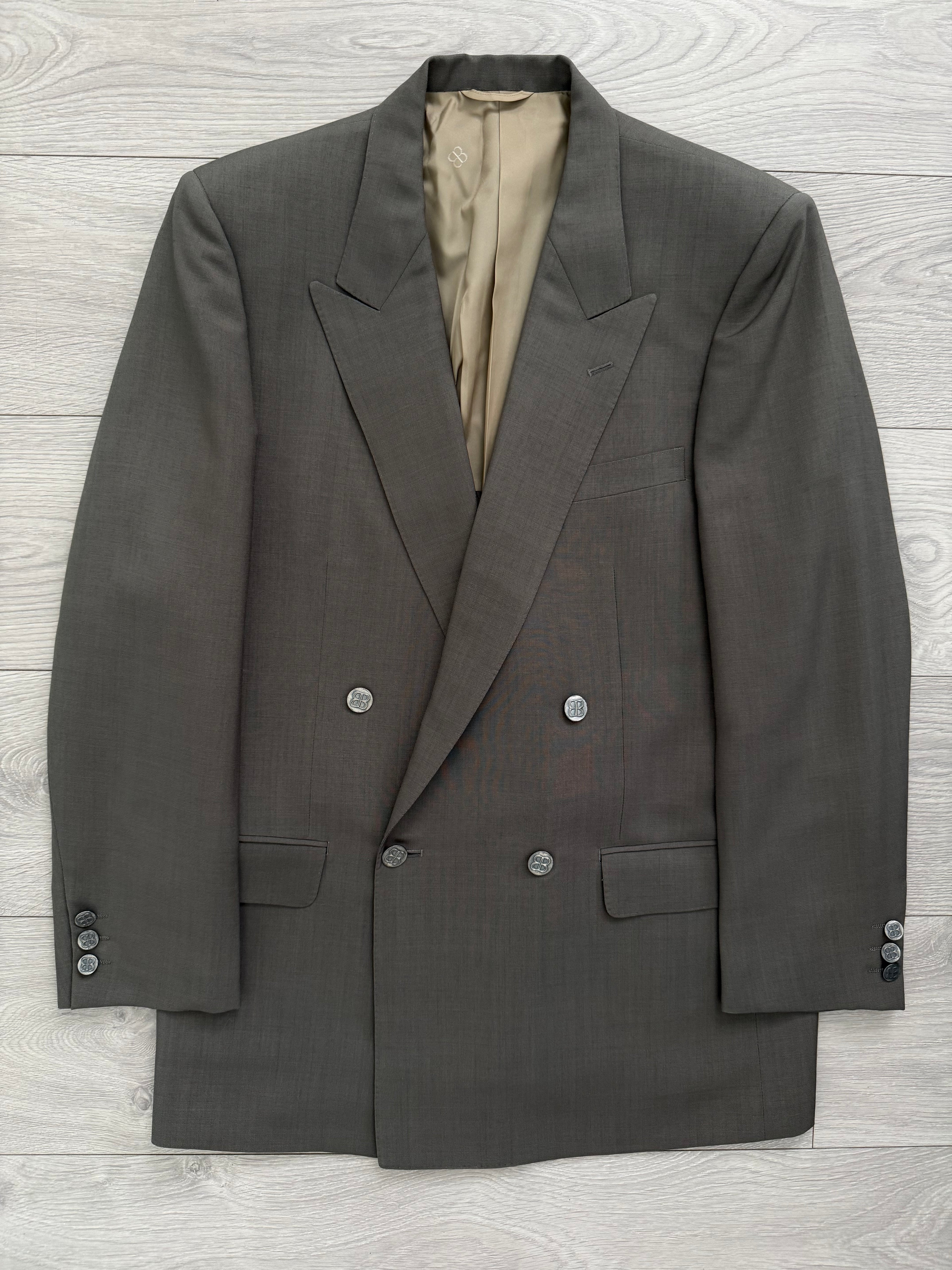 Balenciaga 1990s Peaked Lapel Double Breasted Metal Button Wool Khaki Suit - Size M Jacket / 36" Waist