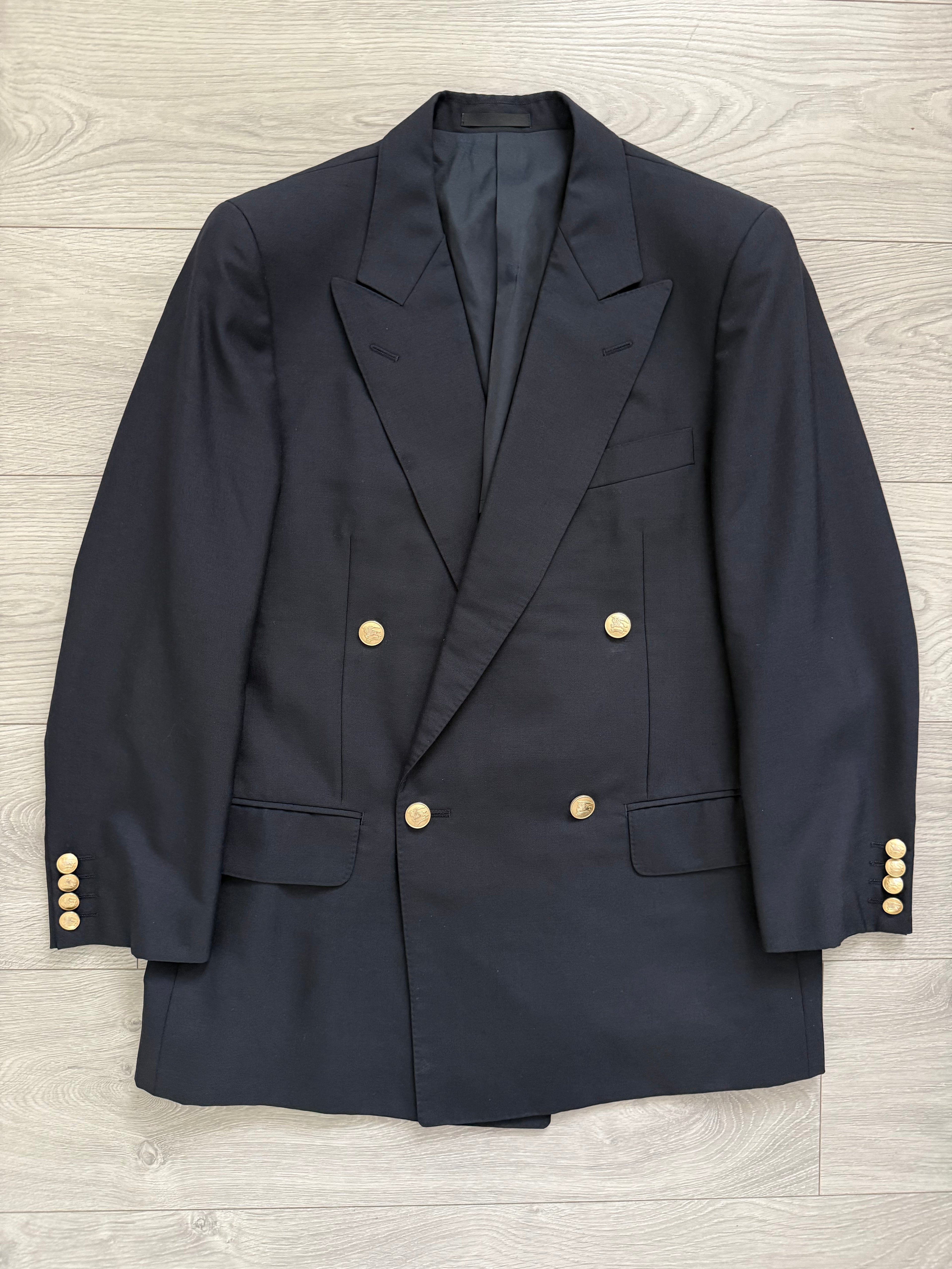 Burberry 1980s Peaked Lapel Double Breasted Pleated Wool Suit Navy - Size S Jacket / 32" Waist