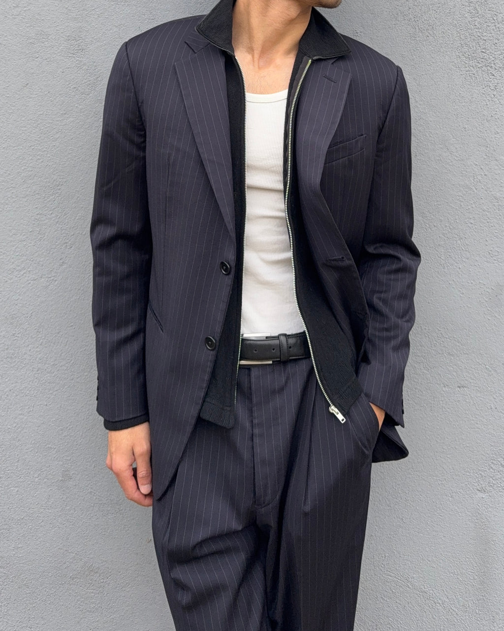 Armani 1990s Pleated 3B Striped Navy Wool Suit - Size M Jacket / 38" Waist