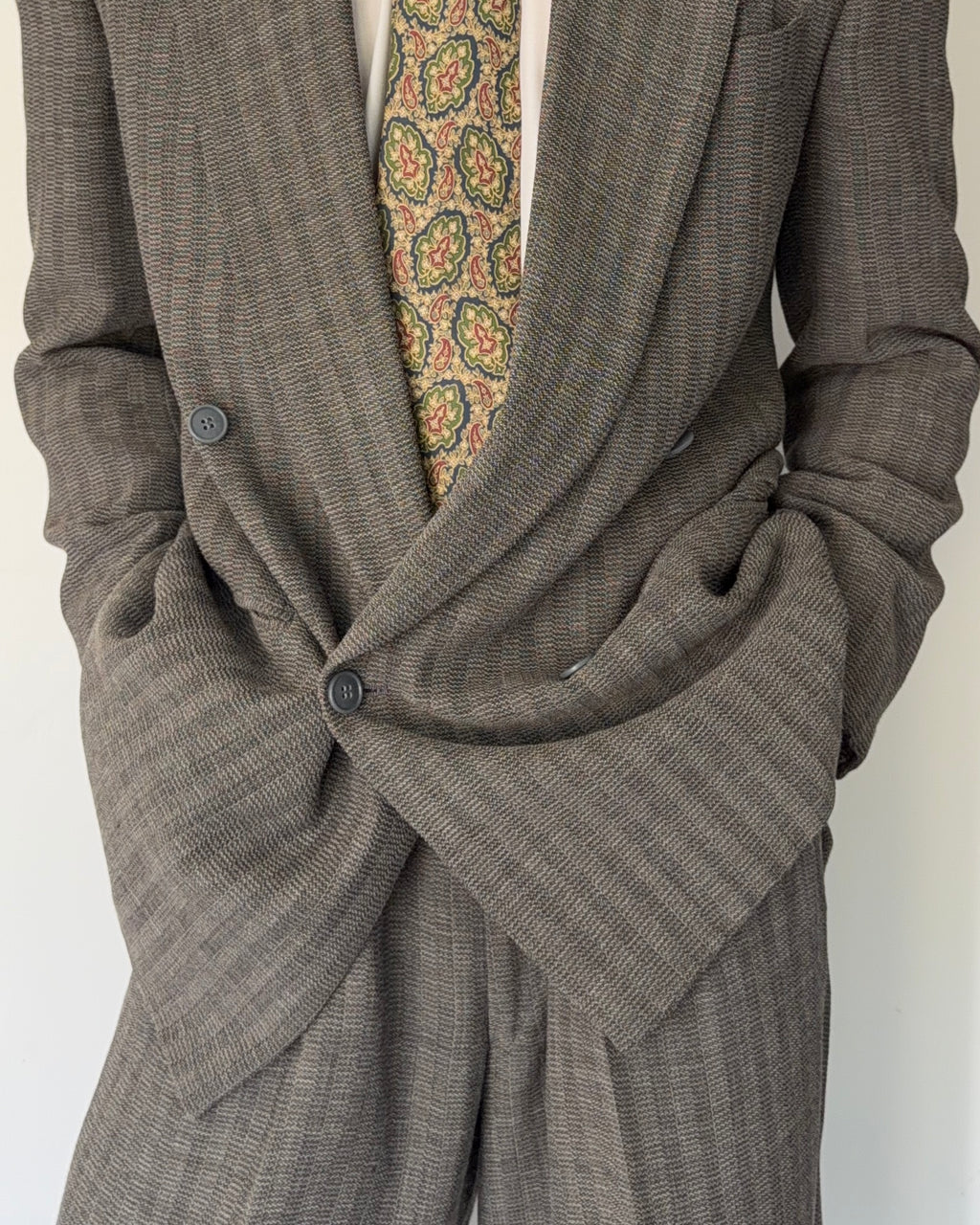 Emporio Armani 1980s Peaked Lapel Double Breasted Textured Wool Pleated Suit - Size S Jacket / 28" Waist