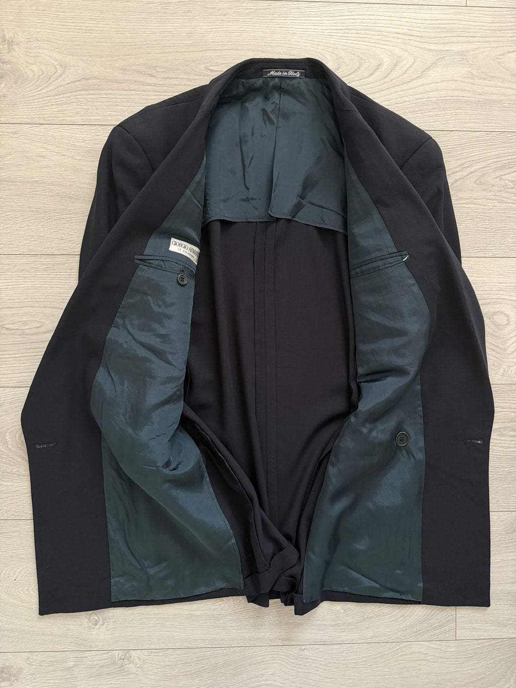 Giorgio Armani 1980s Peaked Lapel Double Breasted Wool Navy Suit - Size M Jacket / 30" Waist